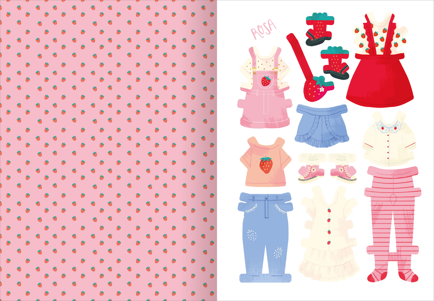 Gezeigt wird eine Innen- oder Zusatzansicht von „Mein buntes Anziehpuppen-Buch zum Herausdrücken“. Auf der linken Seite ist ein zarter, rosa Hintergrund mit kleinen Erdbeer-Illustrationen zu sehen. Die rechte Seite zeigt eine Auswahl an bunten Kleidungsstücken, darunter eine rote Bluse, Jeans und verschiedene Accessoires in lebhaften Farben. Die Schriftart ist verspielt und kindgerecht, was die fröhliche Stimmung des Buches unterstreicht.