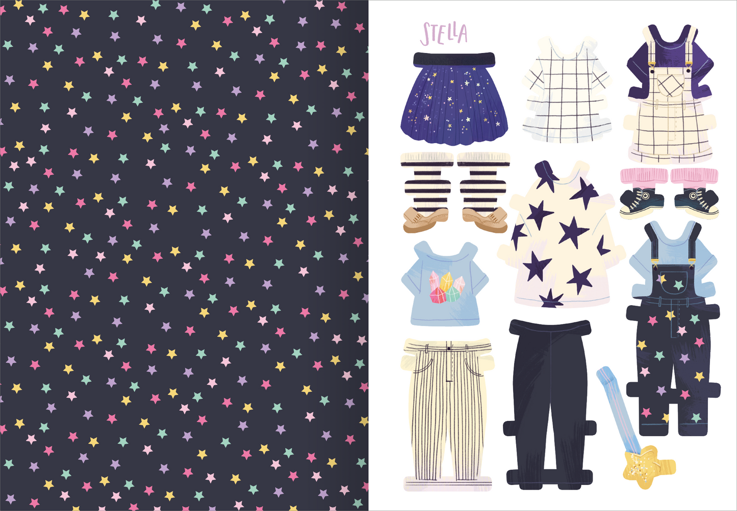 Gezeigt wird eine Innen- oder Zusatzansicht von „Mein buntes Anziehpuppen-Buch zum Herausdrücken“. Die linke Seite zeigt einen tiefschwarzen Hintergrund, der mit bunten, kleinen Sternen in Pastellfarben gemustert ist. Die rechte Seite präsentiert verschiedene Kleidungsstücke und Accessoires für die Anziehpuppen, darunter ein gestreiftes Oberteil, eine karierte Rock sowie Schuhe. Die Typografie ist verspielt, mit dem Namen „Stella“ in einer fröhlichen Schriftart oben.
