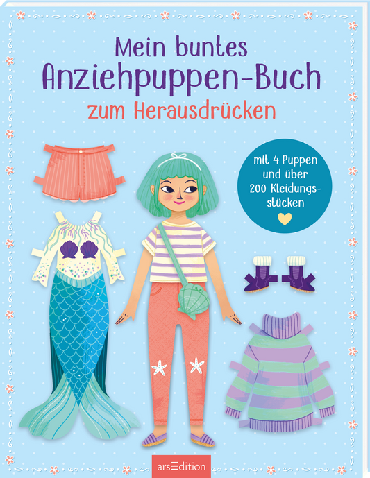 Das Cover zeigt einen hellblauen Hintergrund mit weißen Punkten. In der oberen Hälfte steht in schwungvoller, lila Schrift der Titel „Mein buntes Anziehpuppen-Buch zum Herausdrücken“. Darunter sind eine farbenfrohe, illustrierte Figur mit grünen Haaren und ihre Outfits abgebildet, darunter ein elegantes Meerjungfrauenkostüm und diverse Kleidungsstücke. Rechts ist ein runder, blauer Button mit der Aufschrift „mit 4 Puppen und über 200 Kleidungsstücken“ und einem kleinen Herz....