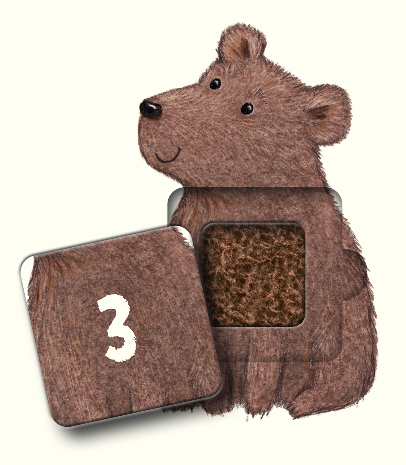 Gezeigt wird eine Innen- oder Zusatzansicht von „Mein Streichel-Adventskalender“. Die Illustration eines freundlichen, braunen Bären dominiert die Ansicht. Unter dem Bären befindet sich ein aufklappbares Feld mit der Zahl „3“ in einer großen, weißen Schrift. Der Hintergrund ist in sanften, hellen Farbtönen gehalten, während das Feld in einem warmen Braunton gestaltet ist. Die Textur des Feldes wirkt fühlbar und einladend.