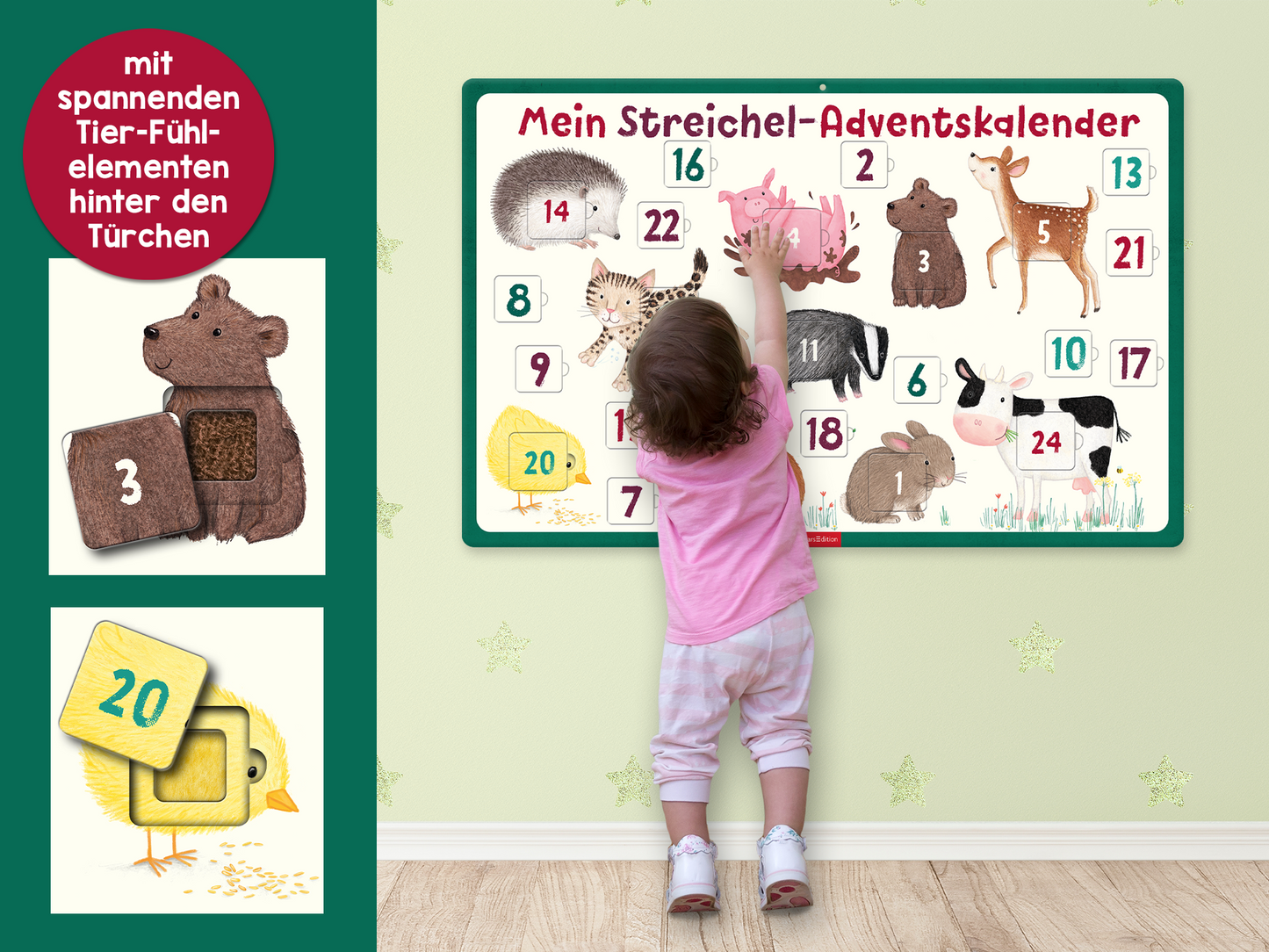 Gezeigt wird eine Innenansicht von „Mein Streichel-Adventskalender“. Der Kalender zeigt bunte Illustrationen verschiedener Tiere auf hellgrünem Hintergrund mit nummerierten Türchen. Die Zahlen sind in kräftigen Farben gehalten und variieren in Größe und Schriftart. Links sind zwei Beispiel-Tier-Fühlelemente abgebildet, darunter ein Bärenmotiv. Das allgemeine Layout ist freundlich und kinderfreundlich gestaltet, ideal für die Interaktivität mit kleinen Kindern.