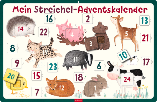 Auf einem farbenfrohen Hintergrund sind verschiedene niedliche Tiere abgebildet, darunter ein Igel, ein Kätzchen und ein Rehkitz, die jeweils vor Türchen eines Adventskalenders stehen. Die Tiere sind freundlich und verspielt dargestellt, um eine festliche und einladende Atmosphäre zu schaffen. Der Titel „Mein Streichel-Adventskalender“ ist in einer fröhlichen, roten Typografie oben platziert. Zudem befindet sich ein kleiner Button mit dem Text „SPIEGEL-Bestseller“ unterhalb des...