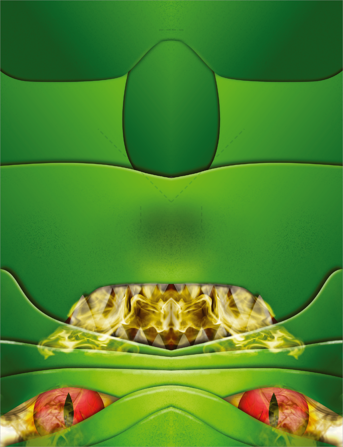 Gezeigt wird eine Innen- oder Zusatzansicht von „100 coole Neon-Papierflieger“. Die Grafik präsentiert eine dynamische, größtenteils grüne Farbpalette mit leuchtend roten Augen und goldenen Elementen, die an Drachenfeuer erinnern. Die Formen sind geschwungen und harmonisch angeordnet, wodurch ein kraftvolles, fantasievolles Design entsteht. Die Typografie ist spielerisch und modern, was den lebhaften Charakter der Produktidee unterstreicht.