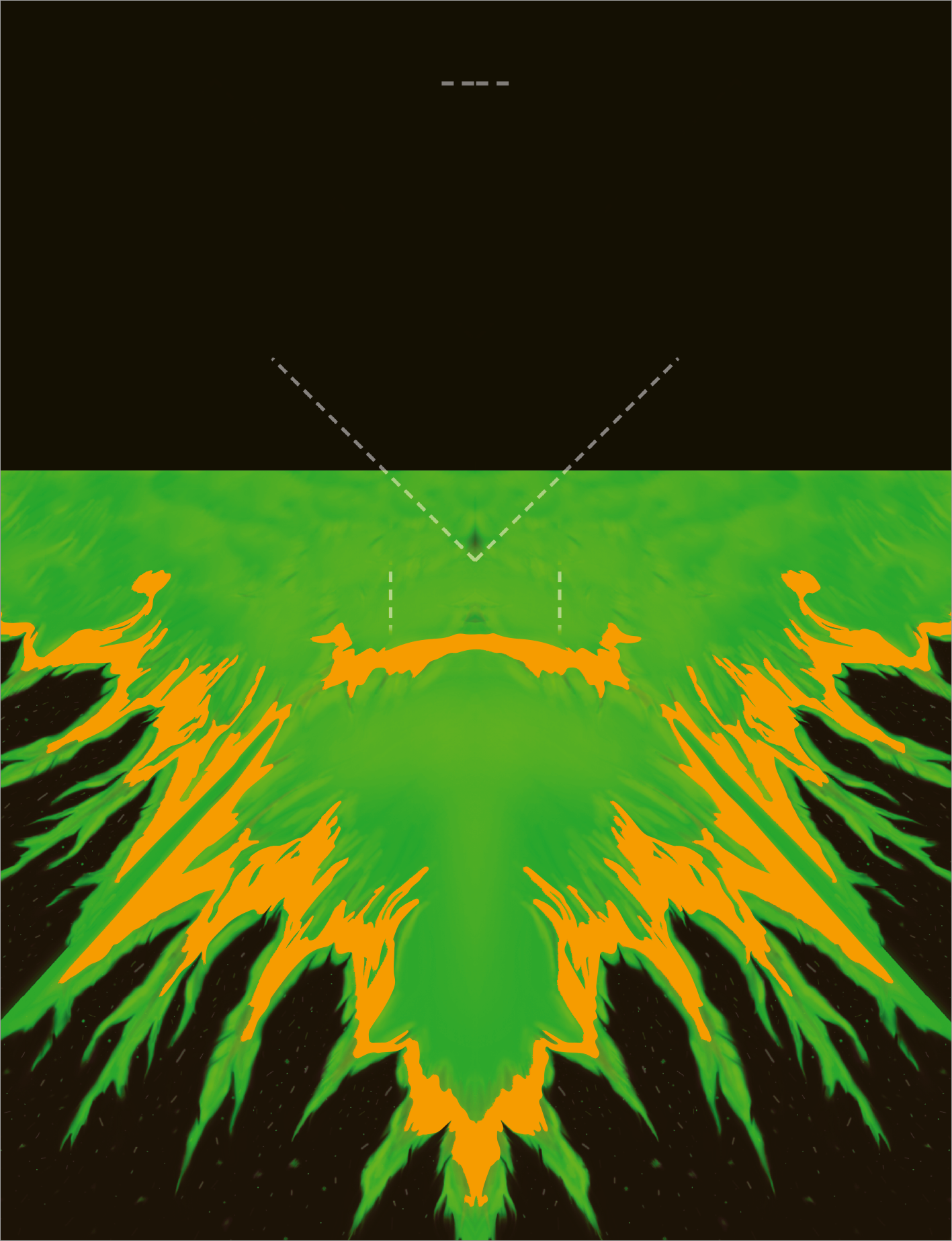 Gezeigt wird eine Innen- oder Zusatzansicht von „100 coole Neon-Papierflieger“. Die Darstellung zeigt eine dynamische, abstrakte Komposition in leuchtendem Grün und intensivem Orange, die sich gegen einen dunklen Hintergrund abhebt. Die Farben sind lebendig und kontrastreich, während die Formen an die Flügel von Papierfliegern erinnern. Die Typografie ist modern und klar, mit auffälligen Akzenten, die das Thema des Buches unterstreichen.