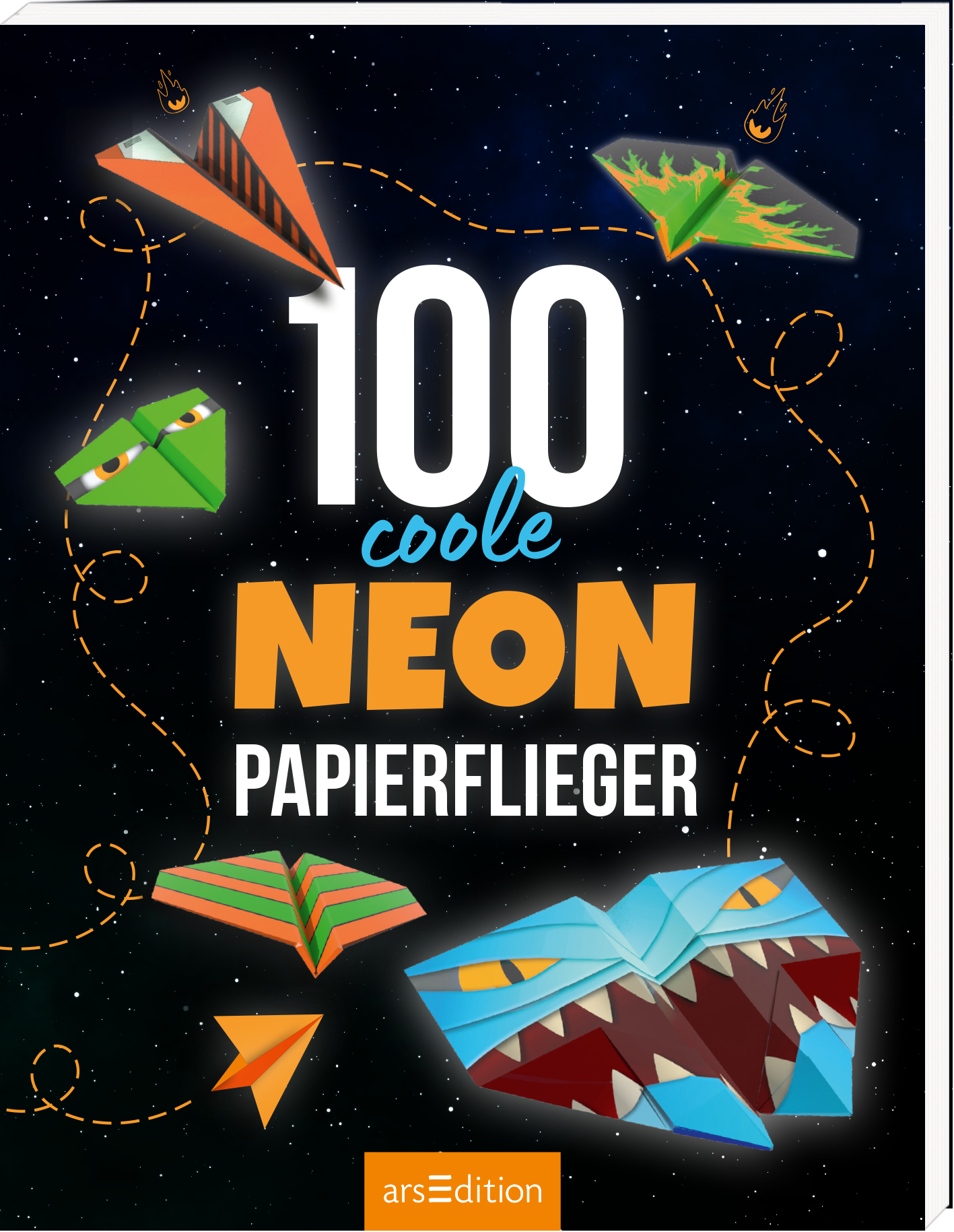 Auf dem Cover sind auf einem tiefschwarzen Hintergrund verschiedene bunte, stilisierte Papierflieger in Neonfarben abgebildet. In der Mitte prangt die große Zahl „100“ in Weiß, darunter steht „coole“ in Türkis und „NEON“ in leuchtendem Gelb. Am unteren Rand steht „PAPIERFLIEGER“ in fetter, schwarzer Schrift. Das Cover vermittelt eine lebhafte und fröhliche Atmosphäre für Bastel- und Flugenthusiasten. Ein kleiner, oranger Button weist darauf hin, dass es sich um einen...