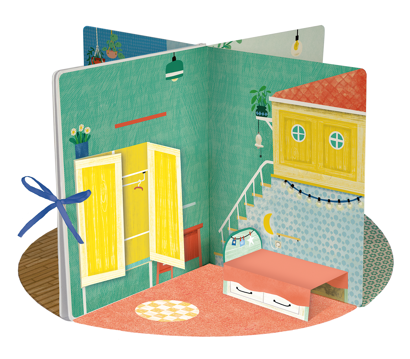Gezeigt wird eine Innen- oder Zusatzansicht von „Mein großes Sticker-Spielhaus“, wie der Titel aufgeklappt aussieht. Man sieht, dass das Buch aufgestellt werden kann, so dass 4 dreidimensionale Räume entstehen. Der Raum auf der Ansicht zeigt ein Schlafzimmer mit Kleiderschrank, Bett, Treppen und einer Galerie. Der Boden ist mit einem ovalen Teppich in harmonischen Farben gestaltet, während der Hintergrund durch verschiedene Muster bereichert wird.