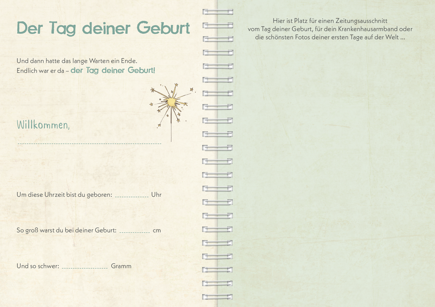Gezeigt wird eine Innenansicht von „Dein Leben, deine Geschichte“. Die Seite hat einen sanften, hellen Hintergrund in Pastellgrün und enthält eine ansprechende, leicht verspielte Typografie in einer harmonischen Schriftart. Oben steht der Titel „Der Tag deiner Geburt“ in einer auffälligen Schrift. Unterhalb gibt es Platz zum Ausfüllen, um wichtige Geburtsdaten festzuhalten, eingerahmt von kleinen, liebevollen Illustrationen wie einem Stern.