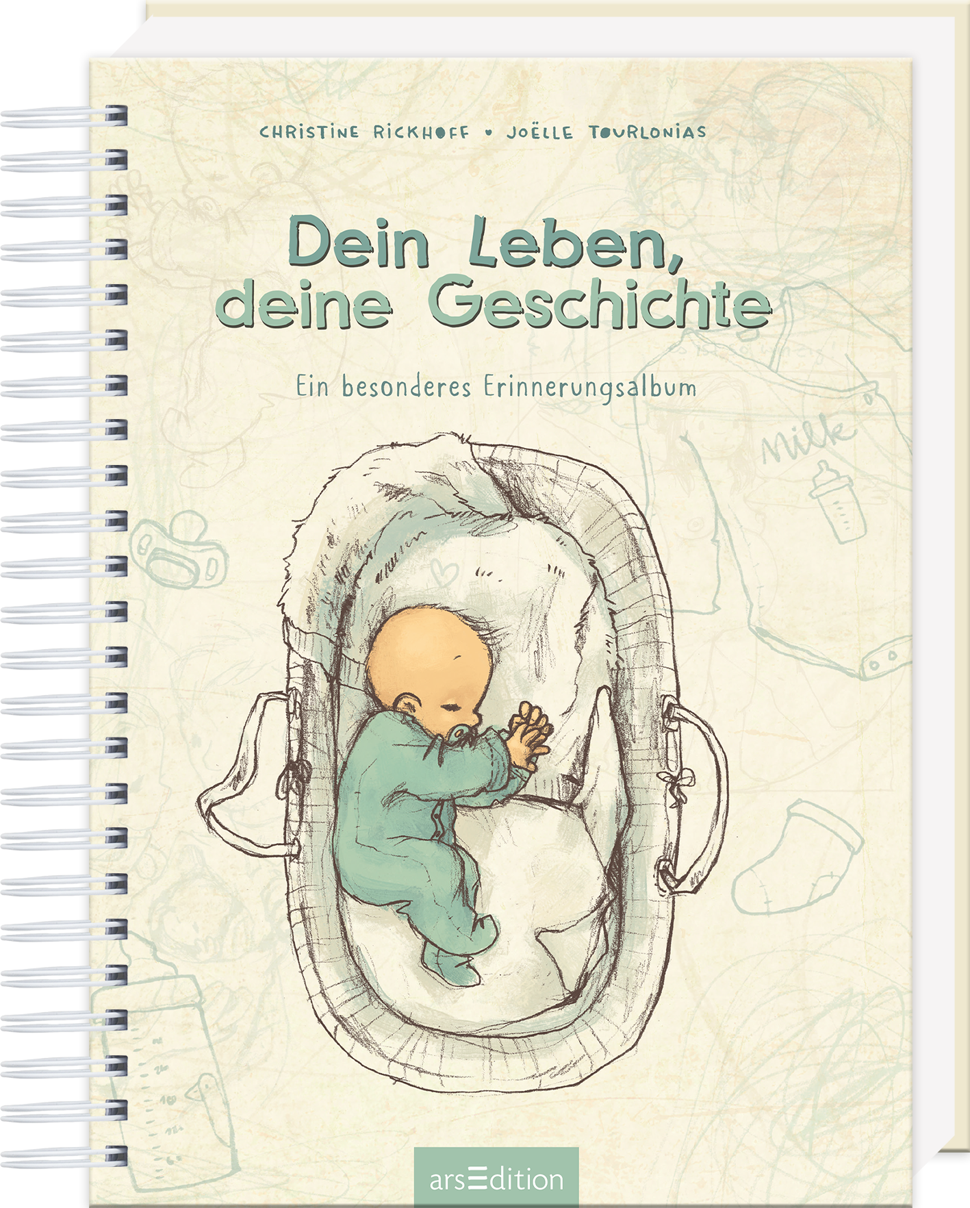 Das Buchcover zeigt eine sanfte Aquarellzeichnung in zarten Pastelltönen. Im Mittelpunkt liegt ein lächelndes Baby in einem stilisierten Bettchen, umgeben von verschiedenen Spielzeugen. Der Titel „Dein Leben, deine Geschichte“ steht in einer freundlichen, handschriftlichen Schriftart, während der Untertitel „Ein besonderes Erinnerungsalbum“ in einer schlichten Schrift darunter platziert ist. Ganz unten mittig steht der Logoschriftzug von arsEdition.