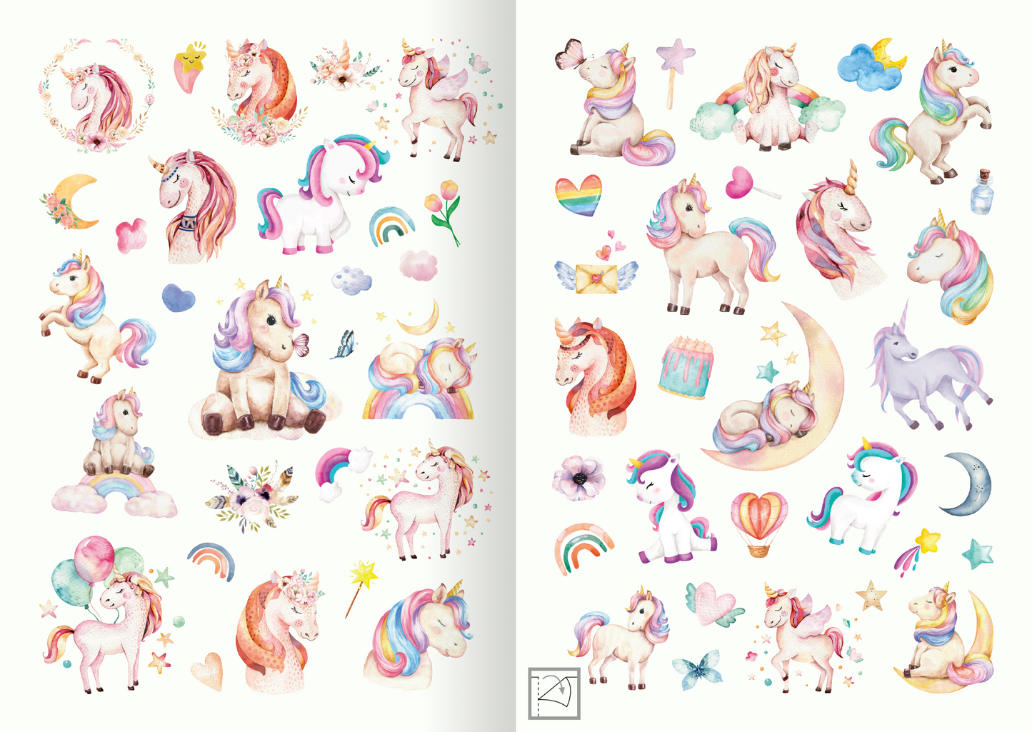 Gezeigt wird eine Innen- oder Zusatzansicht von „Meine Aquarell-Sticker – Einhörner“. Die Seite präsentiert eine Vielzahl von bunten Aquarell-Stickern, darunter Einhörner in unterschiedlichen Posen, Herzen, Regenbögen und andere fantasievolle Motive. Die Farbpalette reicht von sanften Pastelltönen wie Rosa, Blau und Gelb bis hin zu kräftigen Akzenten. Die Typografie ist verspielt und kindgerecht, ideal für kreative Bastelprojekte. Die Illustrationen sind liebevoll gestaltet und...