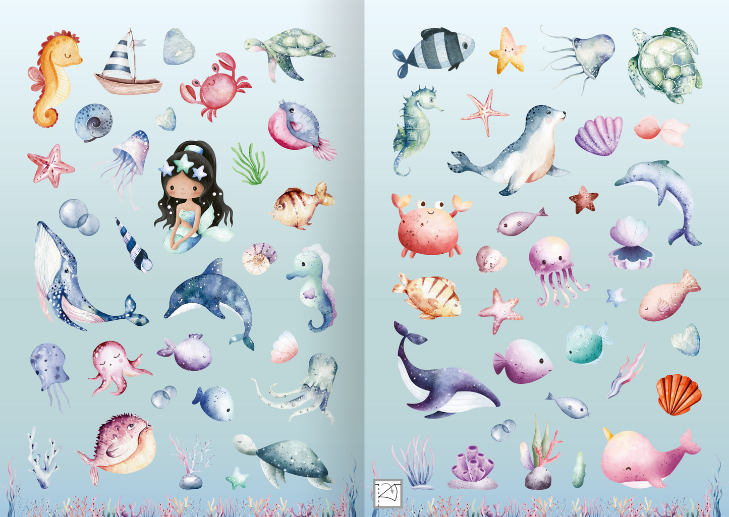 Gezeigt wird eine Innen- oder Zusatzansicht von „Meine Aquarell-Sticker – Unter Wasser“. Die Abbildung zeigt eine Vielzahl an liebevoll gestalteten Unterwasser-Motiven in sanften Farben. Zu sehen sind u.a. Meeresbewohner wie Seepferdchen, Delfine und Quallen, sowie Muscheln und Seesterne. Die sanften Aquamarintöne und pastelligen Farbnuancen verleihen der Komposition eine harmonische, beruhigende Ausstrahlung. Die Typografie ist verspielt, unterstreicht den maritimen Charakter der...