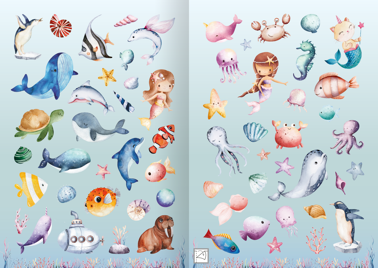 Gezeigt wird eine Innen- oder Zusatzansicht von „Meine Aquarell-Sticker – Unter Wasser“. Die Seite zeigt eine Vielzahl von bunten, aquarellierten Meeresbewohnern, darunter Fische, Wale, Seehunde und Schildkröten, die sanft auf einem hellblauen Hintergrund angeordnet sind. Farbige Sterne und Muscheln ergänzen die Szenen. Die typografischen Elemente bestehen aus klaren, modernen Schriftzügen in sanften Farben, die harmonisch mit den Illustrationen wirken.