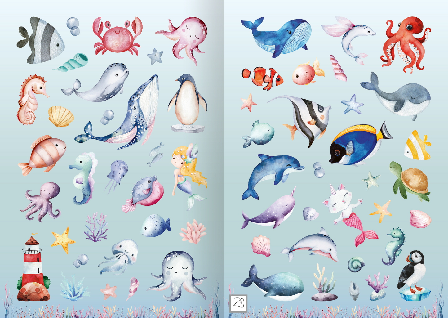 Gezeigt wird eine Innen- oder Zusatzansicht von „Meine Aquarell-Sticker – Unter Wasser“. Die Illustration zeigt bunte Unterwasserlebewesen, darunter Fische, Seepferdchen, Kraken, Delfine und eine Meerjungfrau. Die Farben sind sanft und überwiegend in Blau-, Rosa- und Pastelltönen gehalten. Im Hintergrund sind Blasen und Korallen zu sehen, die eine lebendige Unterwasseratmosphäre schaffen. Die Typografie ist verspielt und harmoniert mit dem maritimen Thema.