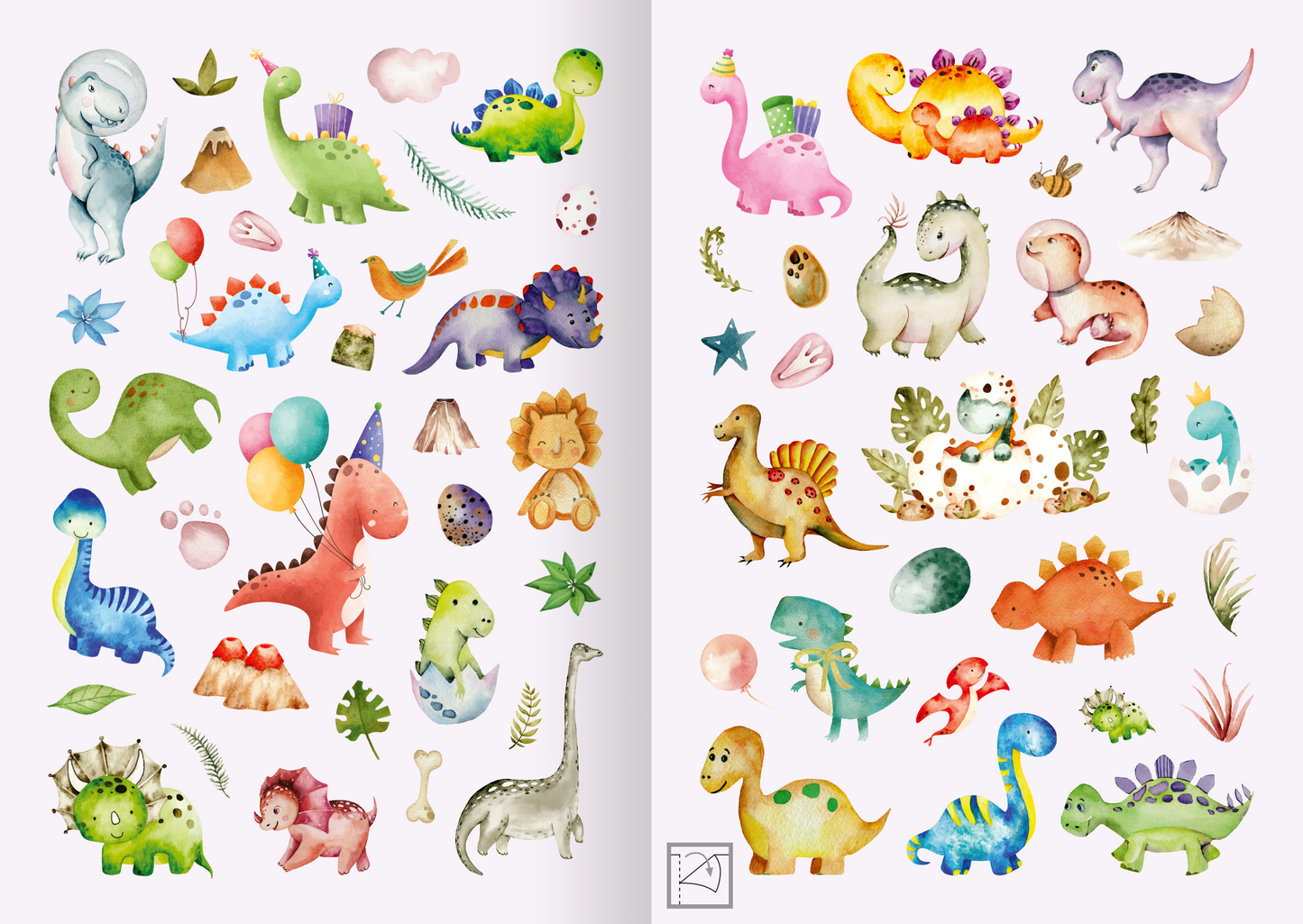 Gezeigt wird eine Innen- oder Zusatzansicht von „Meine Aquarell-Sticker – Dinosaurier“. Die Seite zeigt eine Vielzahl von bunten, handgezeichneten Dinosauriern in verschiedenen Farben, darunter Grün, Blau, Rosa und Gelb. Die Sticker umfassen verschiedene Szenen mit Dinos, Luftballons und Pflanzen, umgeben von pastellfarbenen Elementen. Die typografische Gestaltung ist verspielt und kindgerecht, möglicherweise mit kleinen, verschnörkelten Schriftzügen, die die Fröhlichkeit der...