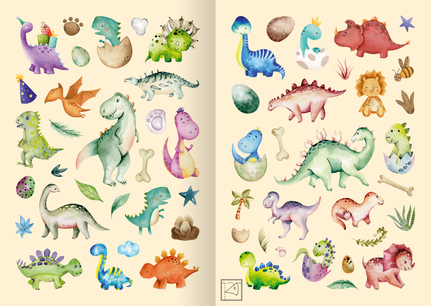 Gezeigt wird eine Innen- oder Zusatzansicht von „Meine Aquarell-Sticker – Dinosaurier“. Die Darstellung zeigt eine Vielzahl bunter Dinosaurier-Sticker in sanften Aquarellfarben, darunter grün, blau, rosa und lila. Die Sticker sind in verschiedenen Formen und Größen angeordnet, einige verkörpern Charaktere wie einen Dinosaurier mit Krone oder einem mit Geschenken. Die Hintergründe sind in sanften Beigetönen gehalten, mit einzelnen pflanzlichen Elementen und Knochenmotiven, die das...