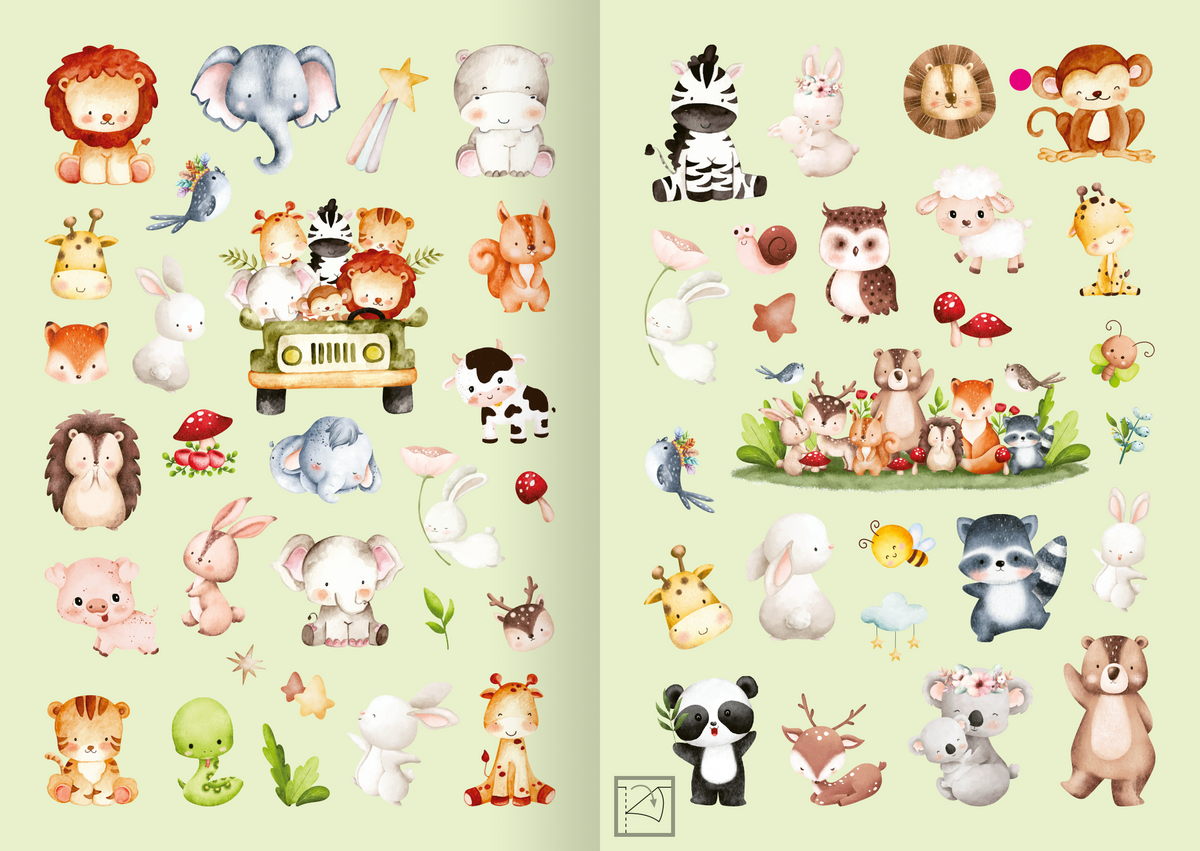 Gezeigt wird eine Innen- oder Zusatzansicht von „Meine Aquarell-Sticker – Tierkinder“. Die Abbildung zeigt eine Vielzahl von niedlichen Tierkindern in sanften, pastelligen Farben auf einem blassgrünen Hintergrund. Die Illustrationen umfassen verschiedene Tiere wie Löwen, Elefanten, Hasen und Pandas, die teils humorvoll gestaltet sind. Die Typografie ist verspielt und ergänzt die kindliche Ästhetik. Die Anordnung der Sticker ist abwechslungsreich und ansprechend.