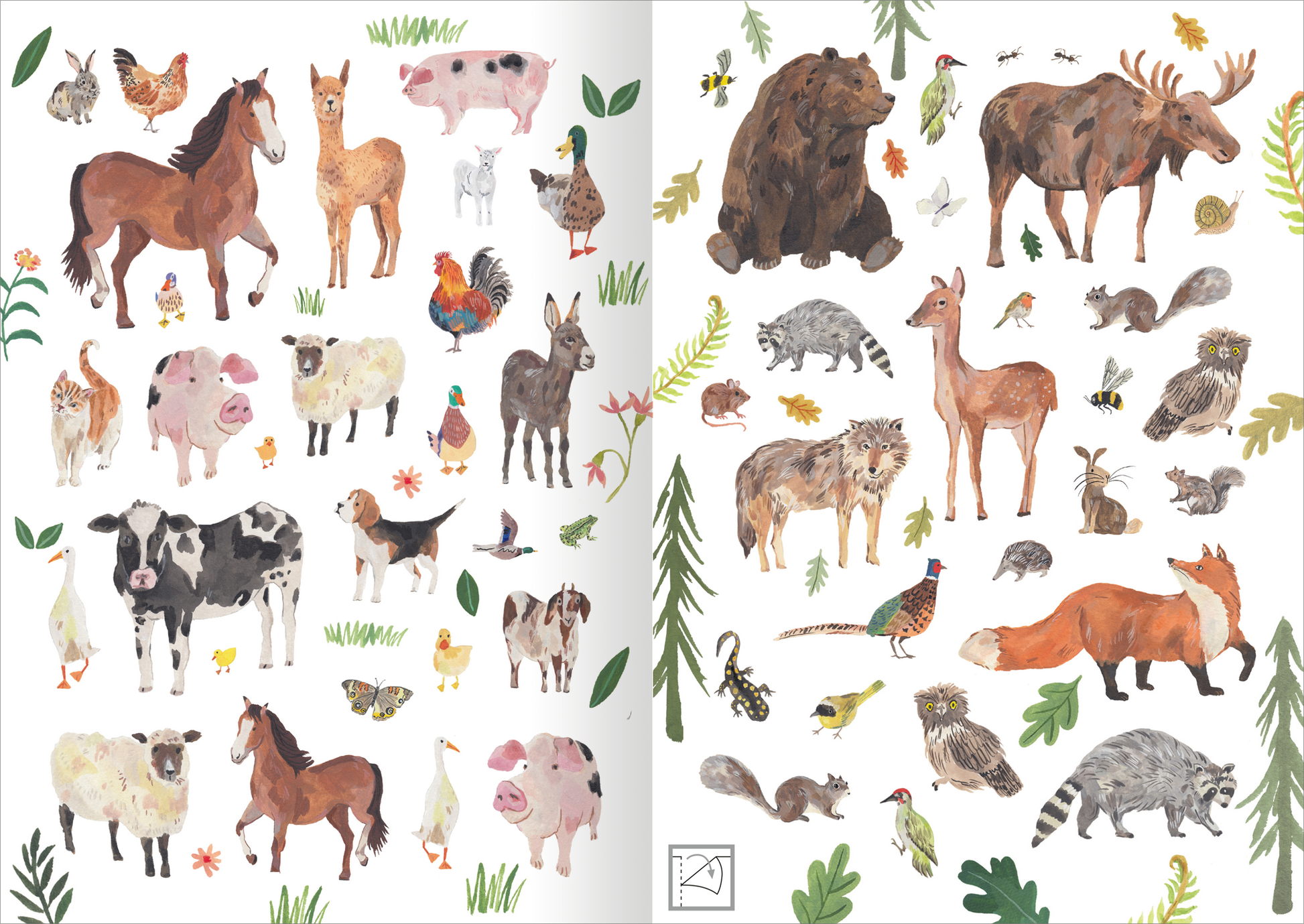 Gezeigt wird eine Innen- oder Zusatzansicht von „Stickerliebe – Tiere“. Die Illustration umfasst eine Vielzahl von Tieren, darunter Pferde, Kühe, Schafe und Vögel, die in sanften, pastellfarbenen Tönen gestaltet sind. Die Typografie ist verspielt und kindgerecht, während die Tiere umgeben sind von zarten Pflanzenmotiven. Die Anordnung der Elemente ist harmonisch und übersichtlich, was eine attraktive und einladende Gestaltung schafft.