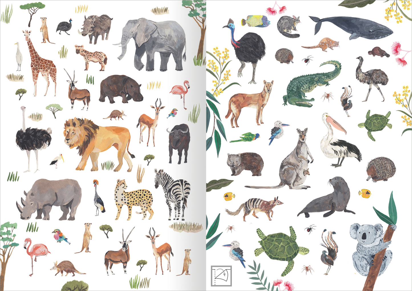 Gezeigt wird eine Innen- oder Zusatzansicht von „Stickerliebe – Tiere“. Die Illustration zeigt eine Vielzahl von Tieren, darunter Elefanten, Löwen, Giraffen und mehr, verteilt auf zwei Seiten mit sanften, pastellfarbenen Hintergründen. Die Typografie ist verspielt und kinderfreundlich gestaltet. Lebendige Farben wie Grün, Blau und Gelb heben die Tiere hervor, die in einem natürlichen, handgezeichneten Stil gestaltet sind, um ein ansprechendes und anregendes visuelles Erlebnis zu...