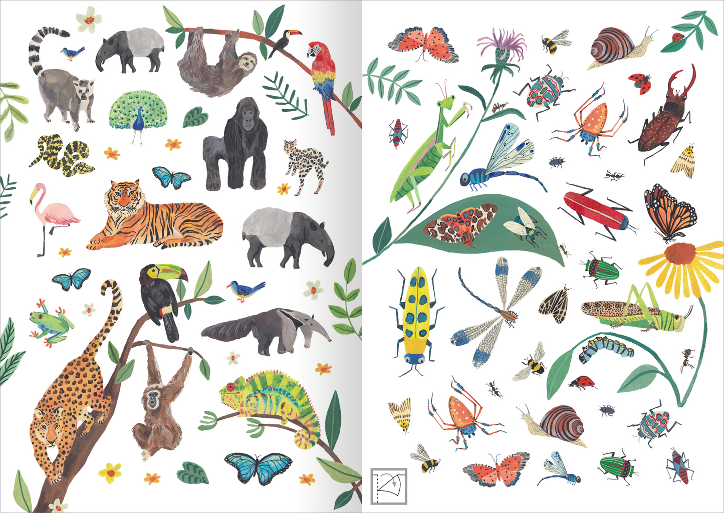 Gezeigt wird eine Innen- oder Zusatzansicht von „Stickerliebe – Tiere“. Die Illustration präsentiert eine Vielzahl von Tieren und Insekten in lebendigen Farben. Zu sehen sind Tiere wie ein Leopard, ein Tiger, ein Gorilla und verschiedene Vögel, umrahmt von bunten Pflanzen und Blumen. Die Typografie ist verspielt und kindgerecht, während die floralen und tierischen Motive harmonisch angeordnet sind. Die Dominanz von Grün- und Erdtönen wird durch auffällige Akzentfarben wie Rot, Gelb...