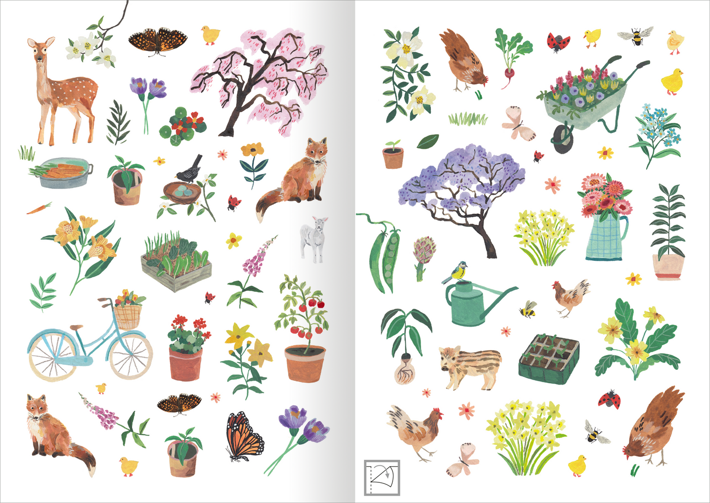 Gezeigt wird eine Innen- oder Zusatzansicht von „Stickerliebe – Natur“. Die Seite zeigt eine bunte Anordnung von Illustrationen, darunter ein Rehkitz, verschiedene Pflanzen in Töpfen, eine Fahrradskizze und florale Motive. Die Farbpalette umfasst pastelartige Töne wie Rosa, Grüntöne und Erdtöne. Die Typografie ist verspielt und kombiniert mit handgezeichneten Elementen, die eine natürliche, lebendige Atmosphäre schaffen, ideal für kreative Anwendungen.