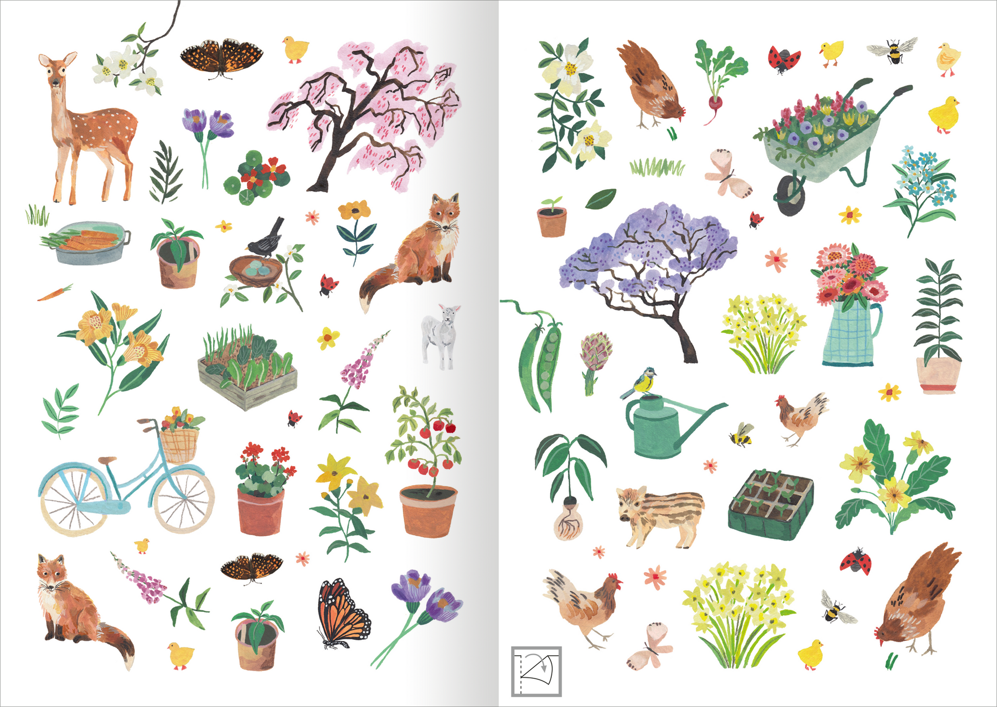 Gezeigt wird eine Innen- oder Zusatzansicht von „Stickerliebe – Natur“. Die Seite zeigt eine bunte Anordnung von Illustrationen, darunter ein Rehkitz, verschiedene Pflanzen in Töpfen, eine Fahrradskizze und florale Motive. Die Farbpalette umfasst pastelartige Töne wie Rosa, Grüntöne und Erdtöne. Die Typografie ist verspielt und kombiniert mit handgezeichneten Elementen, die eine natürliche, lebendige Atmosphäre schaffen, ideal für kreative Anwendungen.