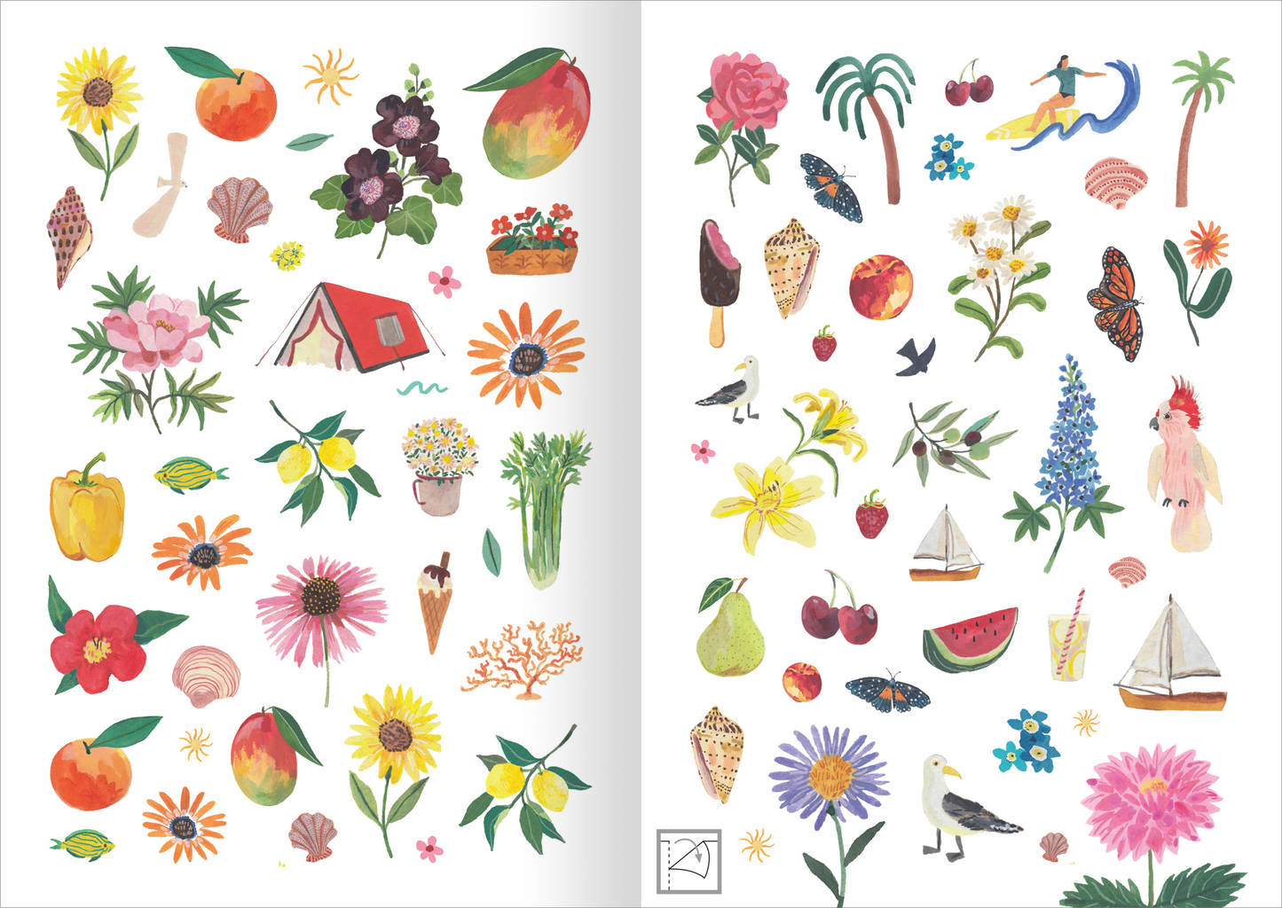 Gezeigt wird eine Innen- oder Zusatzansicht von „Stickerliebe – Natur“. Die Illustration umfasst eine Vielzahl von bunten Motiven, darunter Früchte wie Mango und Wassermelone, Blumen, Tiere und andere Naturmotive. Die Farbpalette ist lebhaft und abwechslungsreich, mit dominierenden Tönen von Grün, Gelb, Rot und Blau. Die Typografie ist verspielt und handschriftlich, um einen zugänglichen und kreativen Eindruck zu vermitteln.