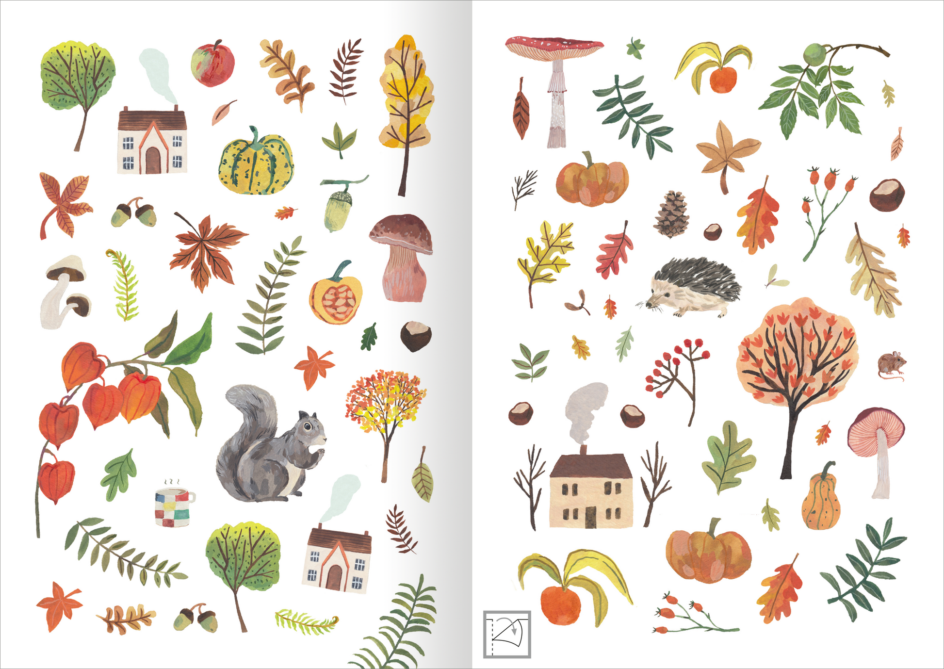 Gezeigt wird eine Innen- oder Zusatzansicht von „Stickerliebe – Natur“. Die Illustration präsentiert eine Vielzahl von bunten, handgezeichneten Naturmotiven. Auf der linken Seite finden sich grüne Bäume, orange Kürbisse, eine graue Eichhörnchenfigur sowie kleine Häuser. Die rechte Seite ist mit einem orangefarbenen Baum, einem Igel, verschiedenen Blättern und Pilzen geschmückt. Die Farben sind warm und einladend, mit sanften Erdtönen und lebhaften Akzenten, die die...