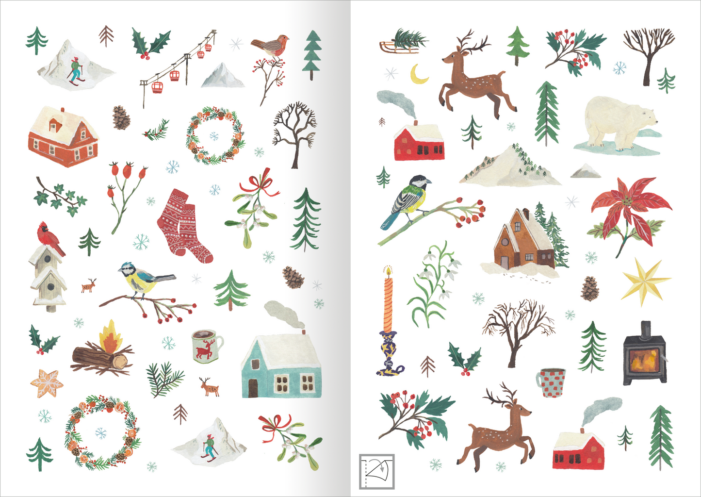 Gezeigt wird eine Innen- oder Zusatzansicht von „Stickerliebe – Natur“. Die Illustration präsentiert eine Vielzahl von winterlichen Motiven, darunter kleine Häuser, Tiere wie Rehe und einen Bären, sowie florale Elemente. Farben wie Grün, Rot und Blau dominieren die Szene. Die Typografie ist verspielt und harmoniert mit den niedlichen Zeichnungen. Die Anordnung der Motive ist vielfältig und lädt zur kreativen Nutzung ein.