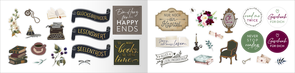 Gezeigt wird eine Innen- oder Zusatzansicht von „myNOTES Papeterie: Stickerheft Romance“. Die Ansicht umfasst eine Vielzahl von liebevoll gestalteten Stickern in sanften Farben wie Rosa, Lila und Weiß. Zentrale Motive sind Bücher, eine Schreibmaschine und florale Elemente. Typografische Sticker mit Texten wie „Glücksbinger“ und „Lesenswert“ sind in einer eleganten Schriftart gestaltet. Die Gesamtkomposition strahlt eine romantische und verträumte Atmosphäre aus.