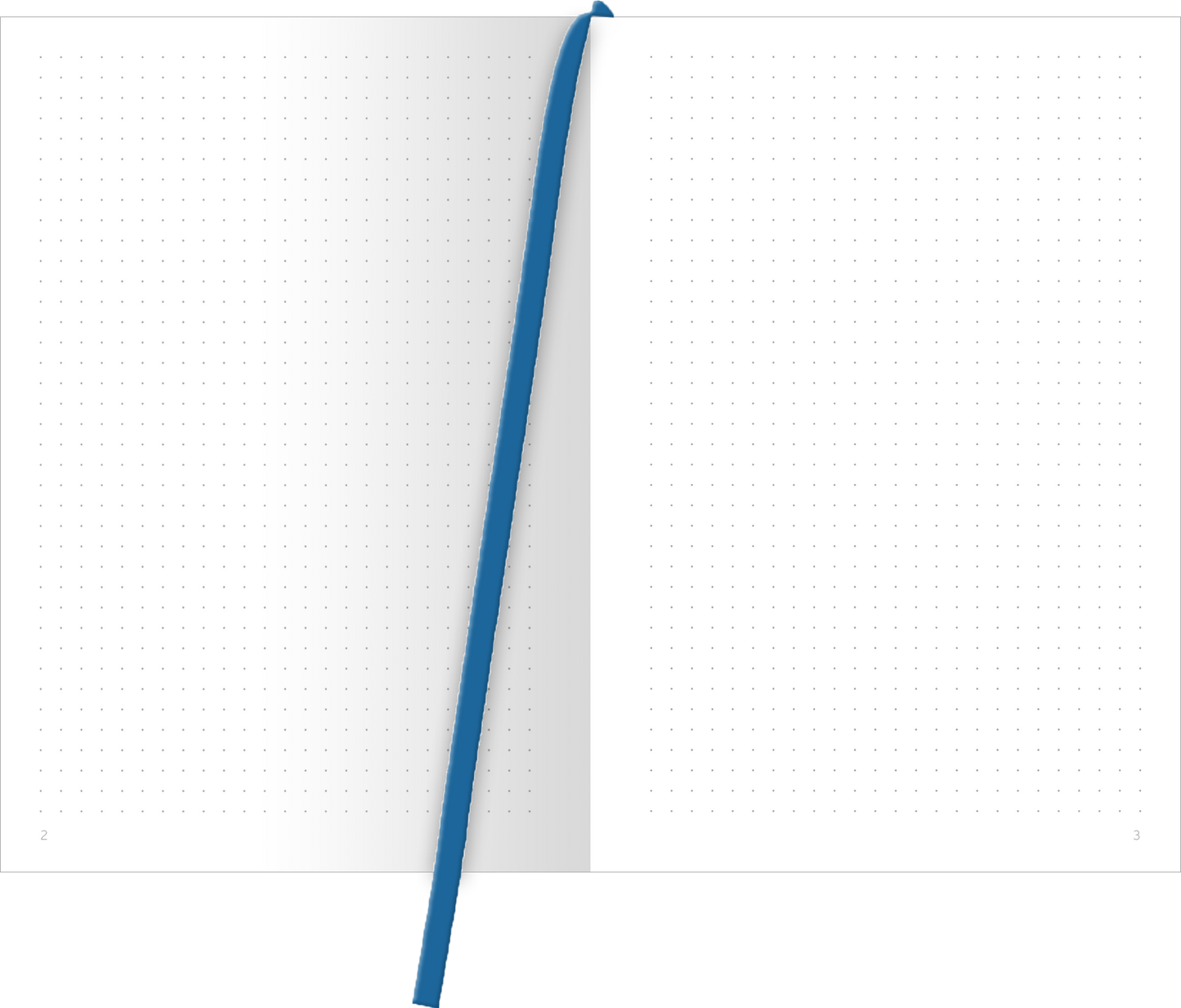 Gezeigt wird eine Innen- oder Zusatzansicht von „myNOTES Papeterie: Notizbuch A5 Romance“. Die Doppelseite ist unbeschrieben und zeigt ein minimalistisches, helles Design mit feinen Punkten, die eine strukturierte Notizführung ermöglichen. Die Seiten sind in reinem Weiß gehalten und bieten viel Platz für kreative Gedanken. Ein blauer Lesezeichenband hebt sich kontrastreich ab und bietet eine praktische Funktion. Die Typografie ist klar und gut lesbar.