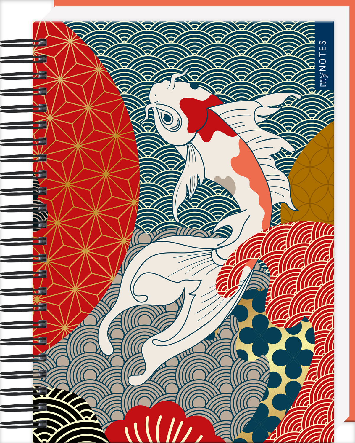 Das Buchcover zeigt einen stilisierten Koi-Fisch in lebhaften Weiß- und Rottönen, umgeben von bunten, geometrischen Mustern in Blau, Rot und Gelb, die asiatische Einflüsse widerspiegeln. Der Hintergrund besteht aus wellenförmigen Elementen und floralen Motiven, die eine harmonische Komposition schaffen. Oben rechts ist der Aufdruck „MY NOTES“ in einer modernen Schrift zu sehen. Ganz oben mittig steht der Logoschriftzug von arsEdition.