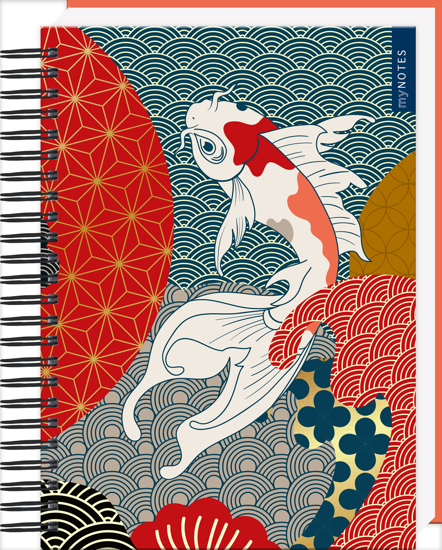 Das Buchcover zeigt einen stilisierten Koi-Fisch in lebhaften Weiß- und Rottönen, umgeben von bunten, geometrischen Mustern in Blau, Rot und Gelb, die asiatische Einflüsse widerspiegeln. Der Hintergrund besteht aus wellenförmigen Elementen und floralen Motiven, die eine harmonische Komposition schaffen. Oben rechts ist der Aufdruck „MY NOTES“ in einer modernen Schrift zu sehen. Ganz oben mittig steht der Logoschriftzug von arsEdition.