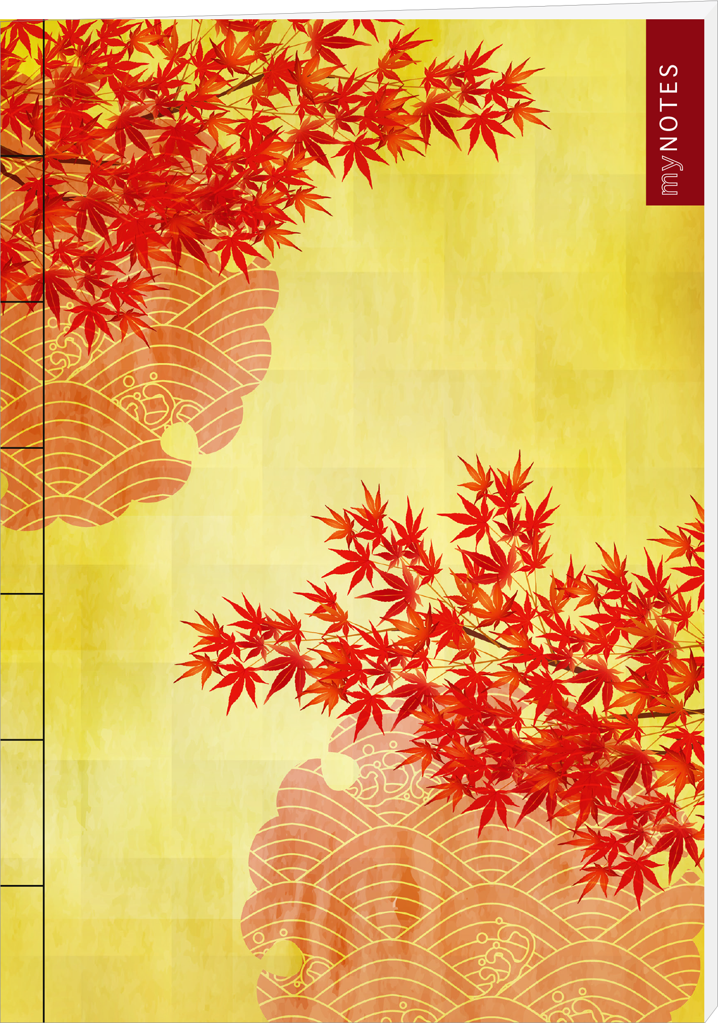 Das Buchcover zeigt einen lebhaften Gelbton als Hintergrund, auf dem stilisierte rote Ahornblätter dominieren. Diese verleihen dem Cover eine warme, einladende Atmosphäre. Im oberen Bereich befindet sich der Schriftzug „my NOTES“ in einer modernen Schriftart, während im unteren Teil sanfte Wellenmuster in einem helleren Farbton zu sehen sind. Es sind keine Urhebernamen oder Bestseller-Buttons vorhanden. Ganz unten mittig steht der Logoschriftzug von arsEdition.