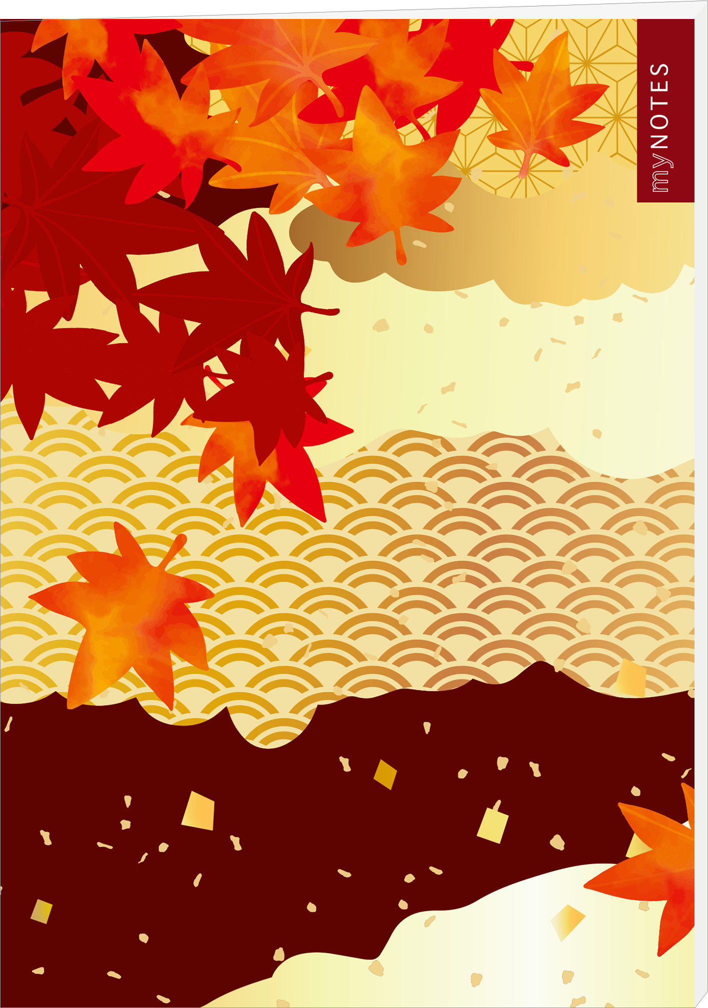 Das Buchcover zeigt eine harmonische Farbgestaltung in warmen Rot- und Gelbtönen, die herbstliche Blätter akzentuiert. Im Hintergrund sind sanfte Texturen in Gold und verschiedene Wellenmuster zu sehen, die dem Design Tiefe verleihen. Der Titel „my NOTES“ ist in klarer, moderner Schrift an der oberen rechten Ecke platziert. Auf der linken Seite sind stilisierte rote und orangefarbene Ahornblätter zu erkennen. Ganz unten mittig steht der Logoschriftzug von arsEdition.