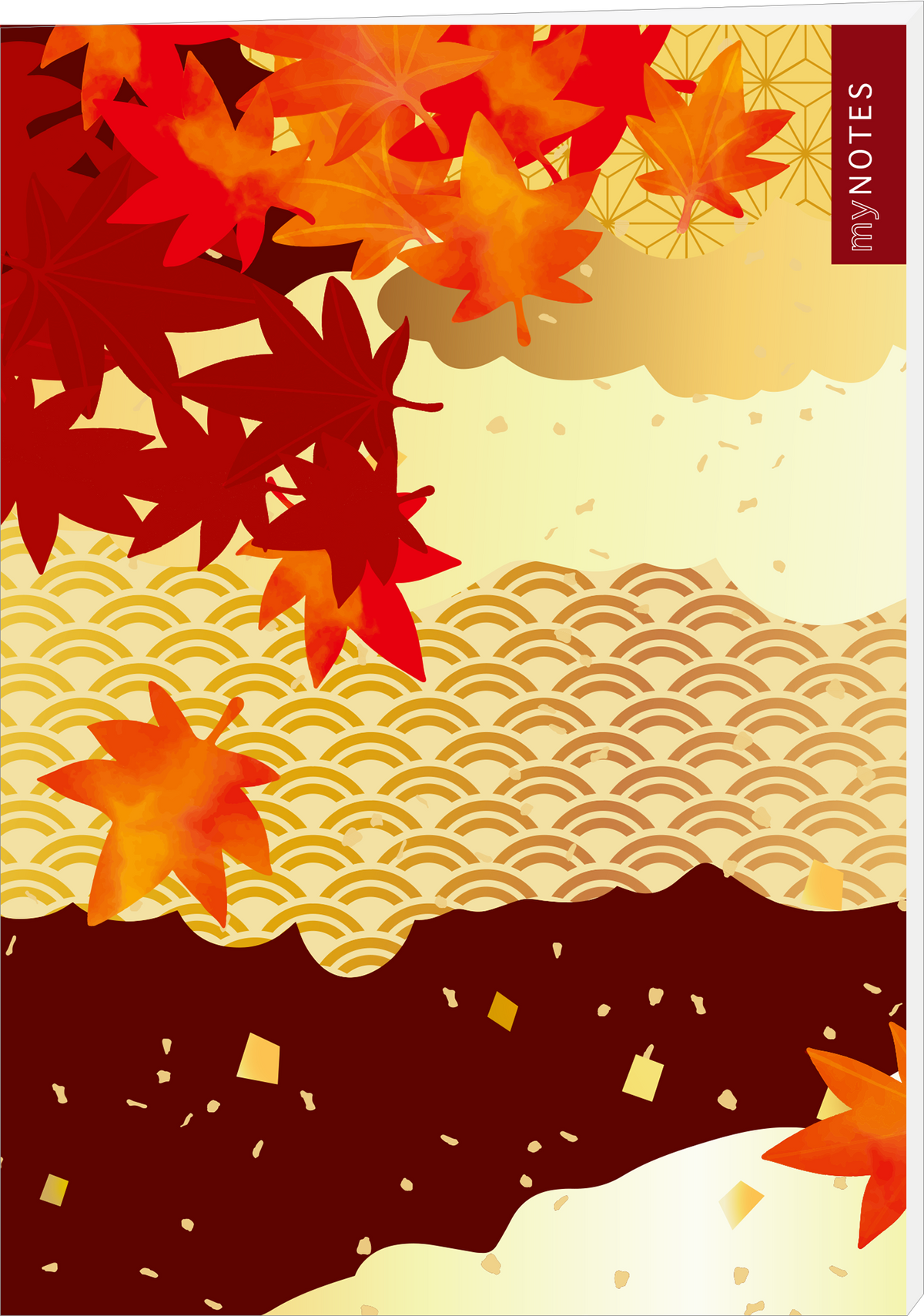 Das Buchcover zeigt eine harmonische Farbgestaltung in warmen Rot- und Gelbtönen, die herbstliche Blätter akzentuiert. Im Hintergrund sind sanfte Texturen in Gold und verschiedene Wellenmuster zu sehen, die dem Design Tiefe verleihen. Der Titel „my NOTES“ ist in klarer, moderner Schrift an der oberen rechten Ecke platziert. Auf der linken Seite sind stilisierte rote und orangefarbene Ahornblätter zu erkennen. Ganz unten mittig steht der Logoschriftzug von arsEdition.