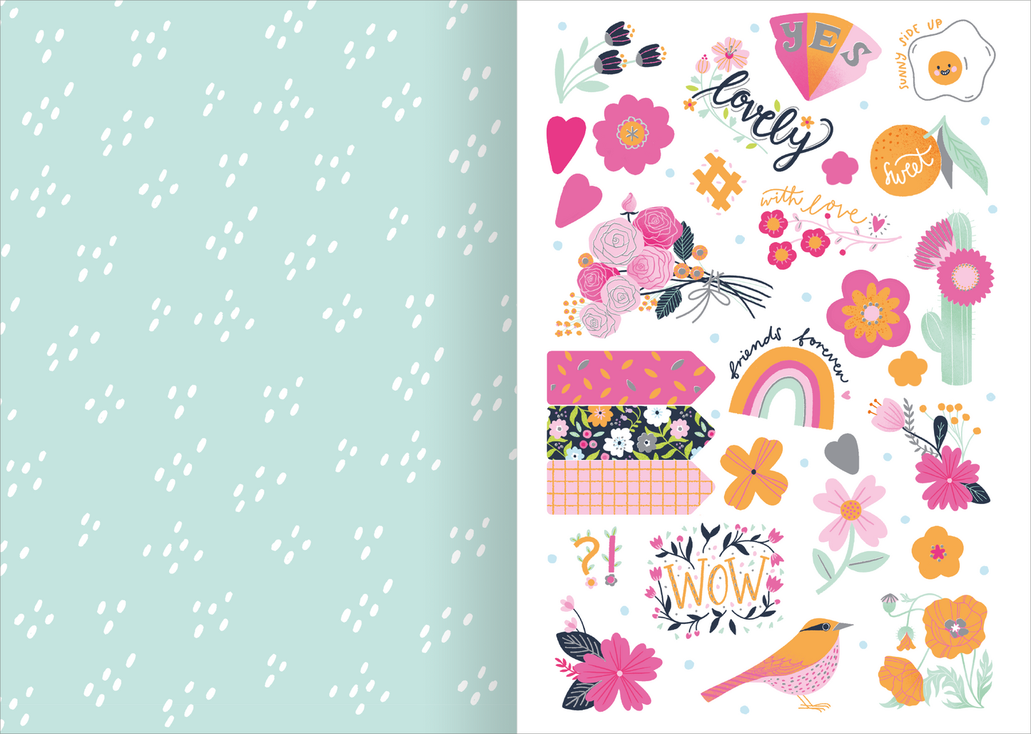 Gezeigt wird eine Innen- oder Zusatzansicht von „I love to sparkle – Sticker-Liebe“. Die Seite zeigt eine Vielzahl bunter Sticker, darunter florale Motive, Herzen und bunte Typografie. Dominierende Farben sind Pink, Gelb und Grün auf einem weißen Hintergrund. Auf der linken Seite ist ein mintgrüner Hintergrund mit feinen, weißen Mustern zu sehen. Die Schriftarten variieren von verspielt bis modern, wodurch eine fröhliche und einladende Atmosphäre entsteht.