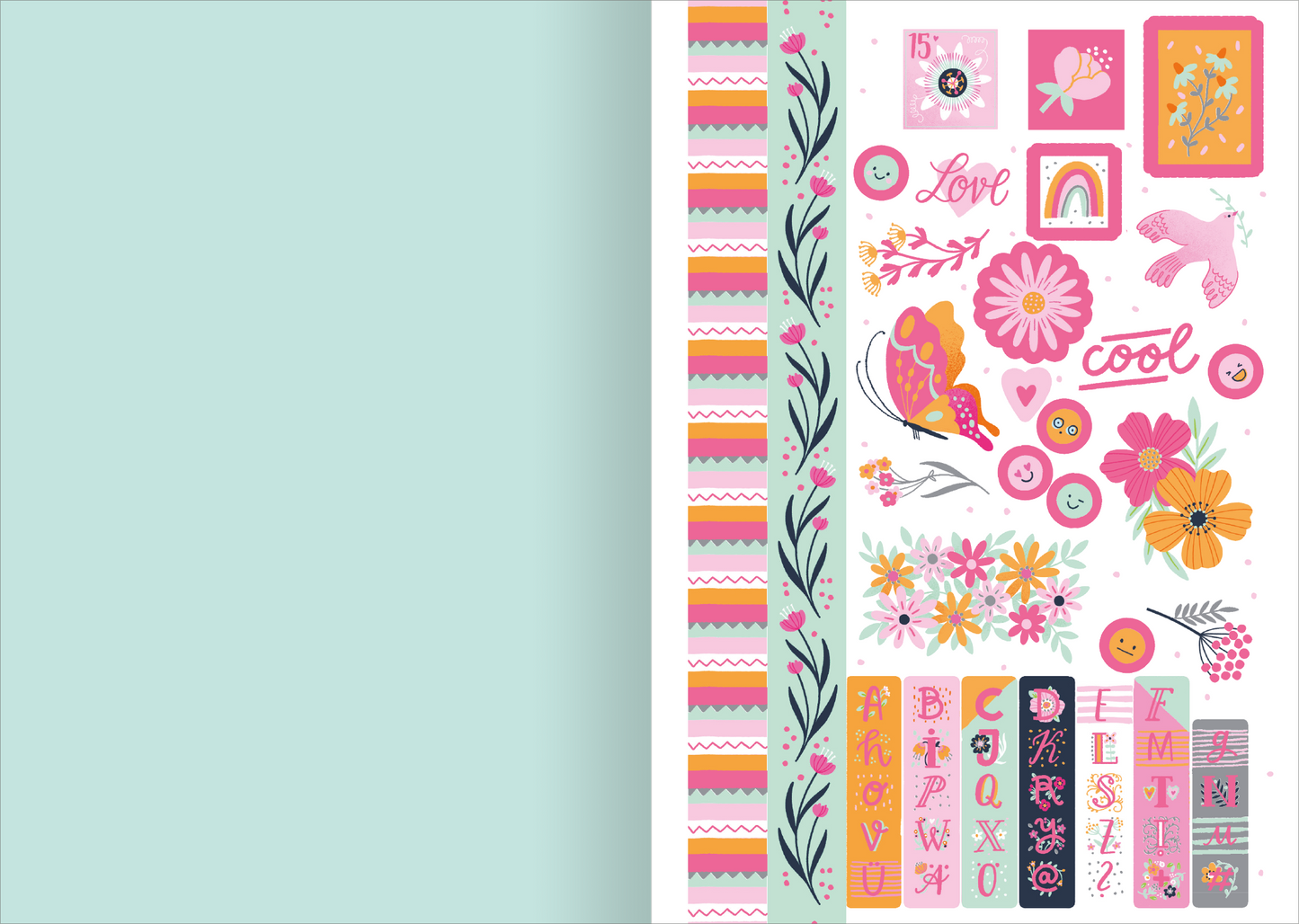Gezeigt wird eine Innen- oder Zusatzansicht von „I love to sparkle – Sticker-Liebe“. Auf der linken Seite befindet sich eine kreative Anordnung von bunten Stickern, die eine Vielzahl von Motiven wie Blumen, Schmetterlinge und Regenbogen zeigt. Die Farbtöne sind überwiegend in Rosa, Hellblau und Gelb gehalten. Die Typografie ist verspielt und einladend, mit Wörtern wie „Love“ und „cool“ in unterschiedlichen Schriftarten. Der Hintergrund ist sanft und sorgt für einen...