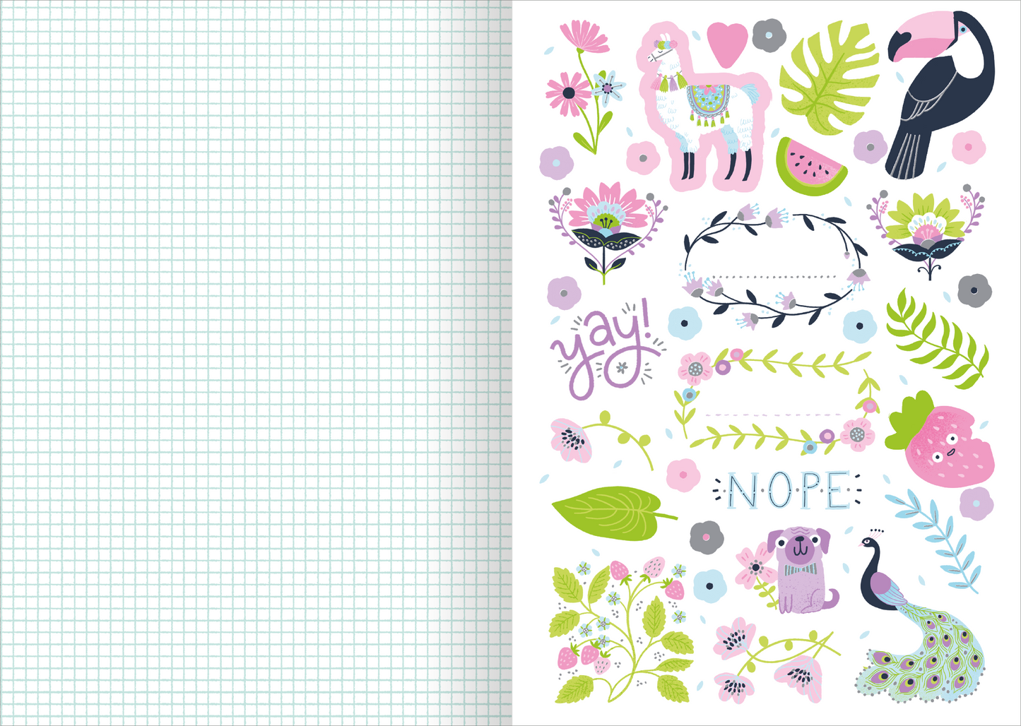 Gezeigt wird eine Innen- oder Zusatzansicht von „I love to sparkle – Sticker-Liebe“. Die Seite zeigt eine bunte Kollektion von Aufklebern mit Illustrationen von Tieren, Blumen und Pflanzen. Dominierende Farben sind Pastelltöne wie Rosa, Grün und Blau. Die Typografie umfasst verspielte Schriftzüge wie „yay!“ und „NOPE“ in geschwungenen, handschriftlichen Stilen. Die farbenfrohen Designs verleihen der Seite eine freundliche und kreative Atmosphäre.