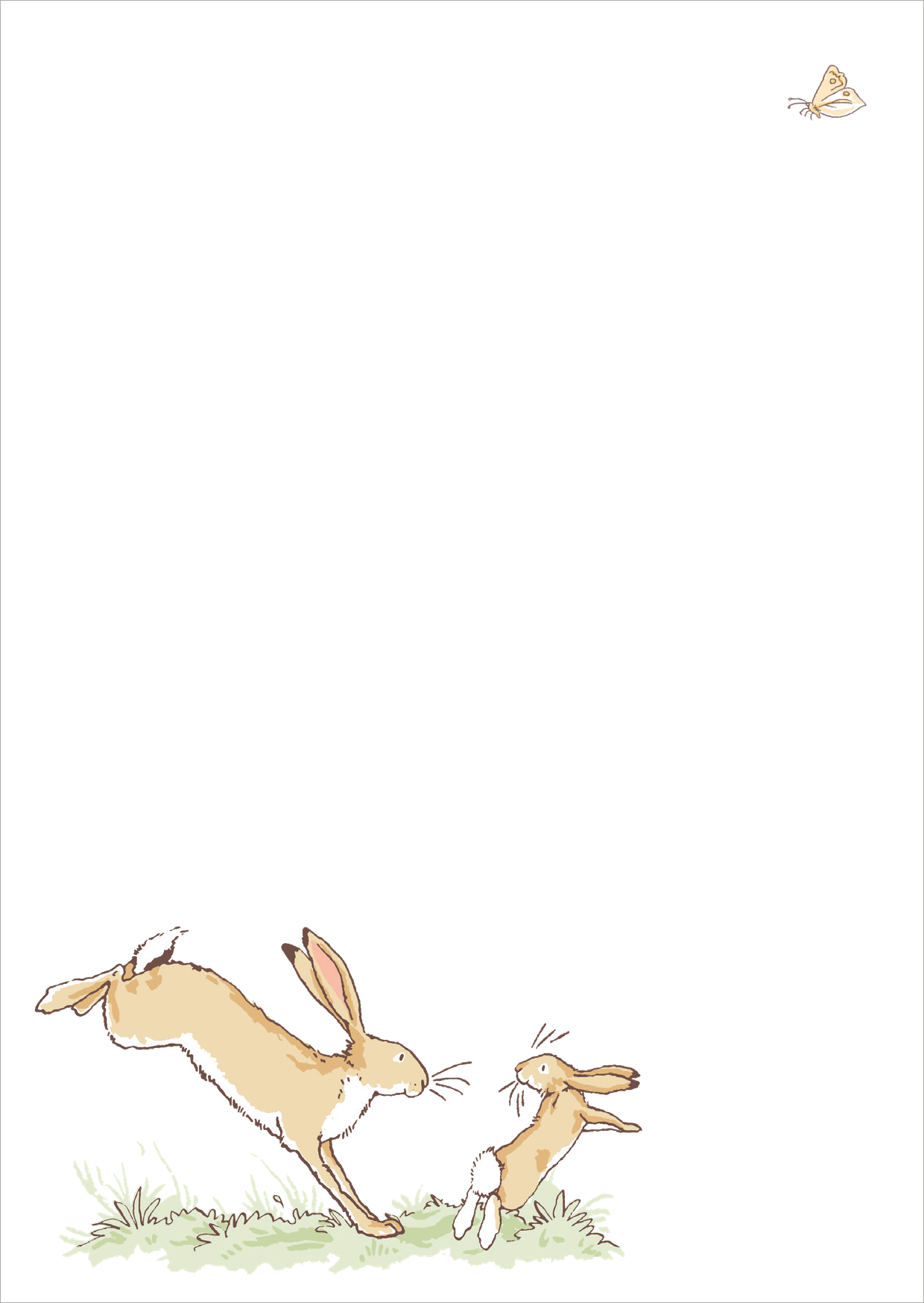 Gezeigt wird eine Innen- oder Zusatzansicht von „myNOTES Papeterie: Weißt du eigentlich, wie lieb ich dich hab? Notizblock“. Die Seite ist überwiegend weiß und bietet Platz für Notizen. In der unteren linken Ecke springen zwei niedliche Kaninchen fröhlich über das Gras. Der Hintergrund bleibt unauffällig, sodass die liebevollen Illustrationen im Mittelpunkt stehen. Die sanften Farben und die verspielte Typografie unterstreichen die herzliche Botschaft.