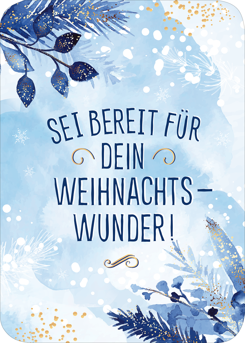 Gezeigt wird eine Innen- oder Zusatzansicht von „Weihnachtspost für dich und mich“. Der Hintergrund ist in sanften Blautönen gehalten, ergänzt durch weiße Schneeflocken und goldene Punkte. Im Mittelpunkt steht die auffällige Schrift mit der Aufschrift „SEI BEREIT FÜR DEIN WEIHNACHTS–WUNDER!“, die in einer eleganten, dunkelblauen Typografie gestaltet ist. Freude und festliche Erwartung strahlen die floralen Elemente und das harmonische Farbspiel aus.
