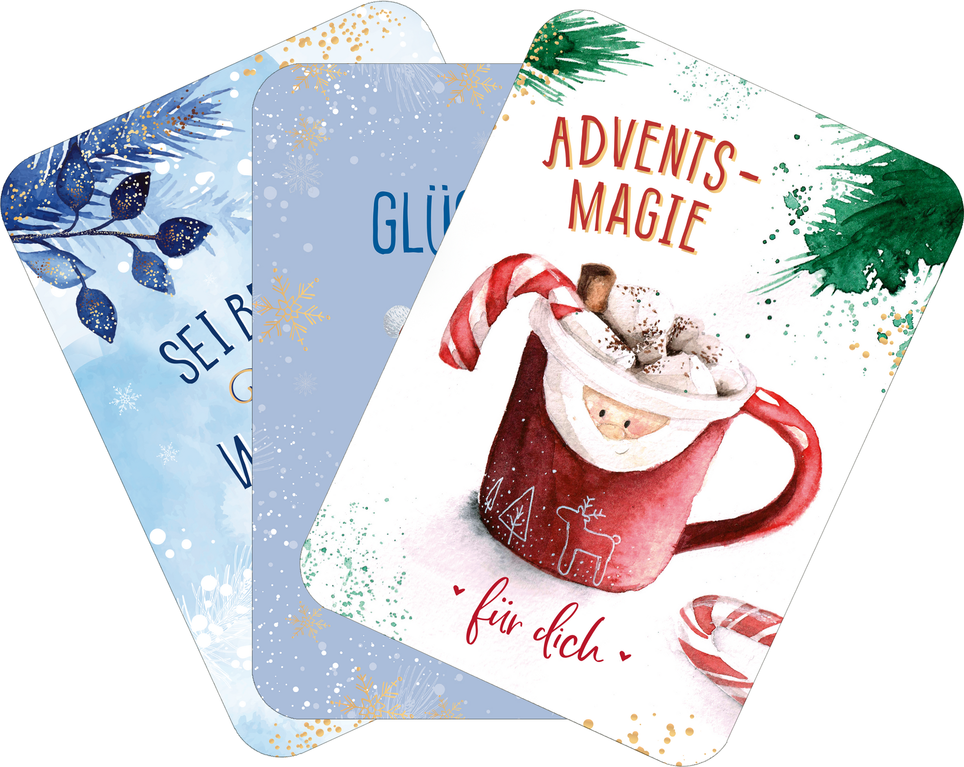 Gezeigt wird eine Innen- oder Zusatzansicht von „Weihnachtspost für dich und mich“. Die Ansicht zeigt drei Karteikarten in festlichen Farben. Die erste Karte in zartem Blau mit weißen Winterblättern und dem Text „Glück“ in eleganter Schrift. Die zweite Karte präsentiert den Schriftzug „Advents-Magie“ in kräftigem Rot, umgeben von einem dekorativen Motiv eines Becher mit Leckereien. Die dritte Karte trägt die Botschaft „für dich“ in verspielter Typografie und harmoniert...