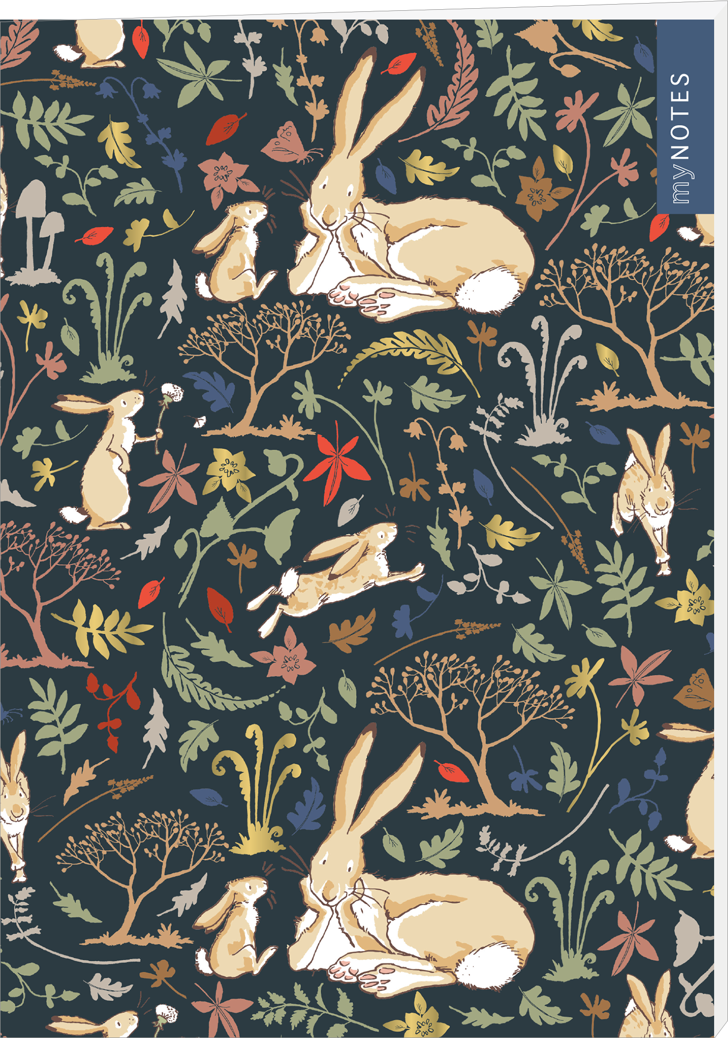 Das Cover zeigt ein verspieltes Muster mit verschiedenen Kaninchen, die sich in unterschiedlichen Posen zwischen farbenfrohen Pflanzen und Bäumen bewegen. Die Farbpalette ist sanft und umfasst dunkle Grüntöne, warme Erdtöne sowie kreative Akzente in Rot, Gelb und Blau. Die Typografie oben rechts ist modern und in weiß gehalten mit der Aufschrift „my NOTES“. Ganz unten mittig steht der Logoschriftzug von arsEdition.