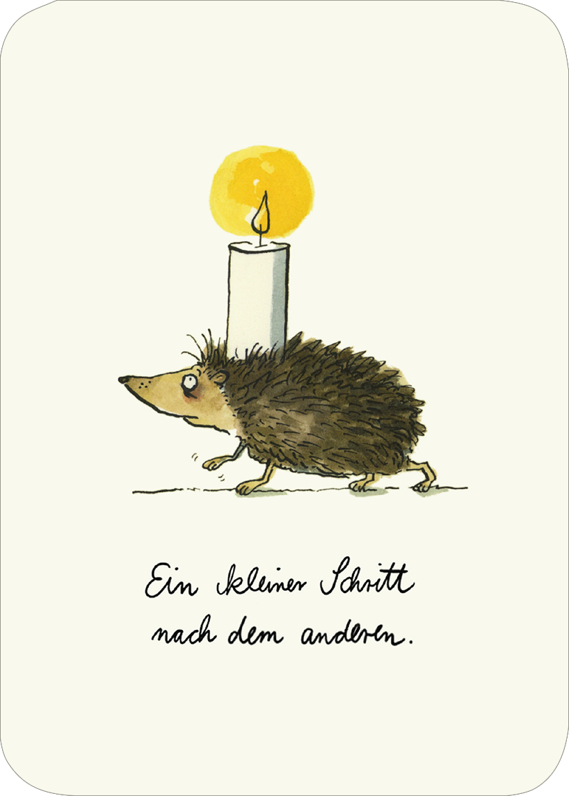 Gezeigt wird eine Innen- oder Zusatzansicht von „Jeden Tag ein Licht für dich“. Der Hintergrund ist in sanften, cremigen Tönen gehalten. Im Vordergrund befindet sich ein niedlicher Igel, der an einer weißen Kerze mit einer gelben Flamme vorbeiläuft. Unter dem Igel steht in handschriftlicher, schwarzer Typografie der Spruch „Ein kleiner Schritt nach dem anderen“. Die Farben sind warm und einladend, was eine positive Stimmung vermittelt.