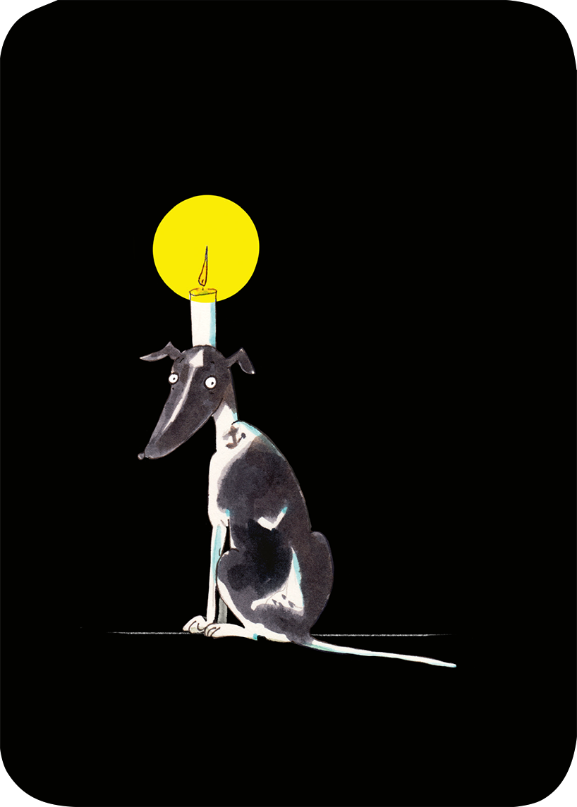 Gezeigt wird eine Innen- oder Zusatzansicht von „Jeden Tag ein Licht für dich“. Im Mittelpunkt steht ein grauer Hund, der auf einem schwarzen Hintergrund sitzt. Auf seinem Kopf befindet sich eine brennende Kerze, die von einem gelben Licht umgeben ist. Die Verwendung von weichen, skizzierten Linien verleiht dem Hund einen verspielten Charakter. Die Farben sind schlicht gehalten, wobei das Gelb der Kerze und der Hund in verschiedenen Grautönen dominieren. Die Typografie ist modern und klar.