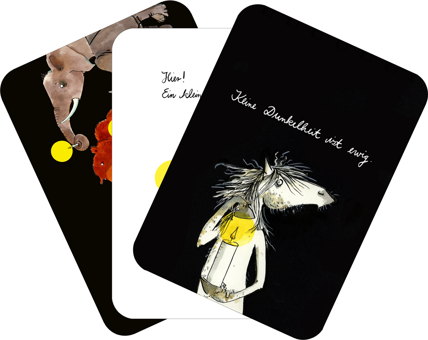 Gezeigt wird eine Innen- oder Zusatzansicht von „Jeden Tag ein Licht für dich“. Die Kartenillustrationen zeigen verschiedene Charaktere, darunter ein Elefant und ein anderes Tier, vor einem dunklen Hintergrund. Die Farben sind kräftig, mit Gelb, Schwarz und bunten Akzenten. Die Typografie ist handschriftlich und verspielt, ergänzt durch motivierende Aussagen wie „Kleine Dunkelheit währt ewig“. Die Gesamtgestaltung vermittelt eine einladende und positive Stimmung.