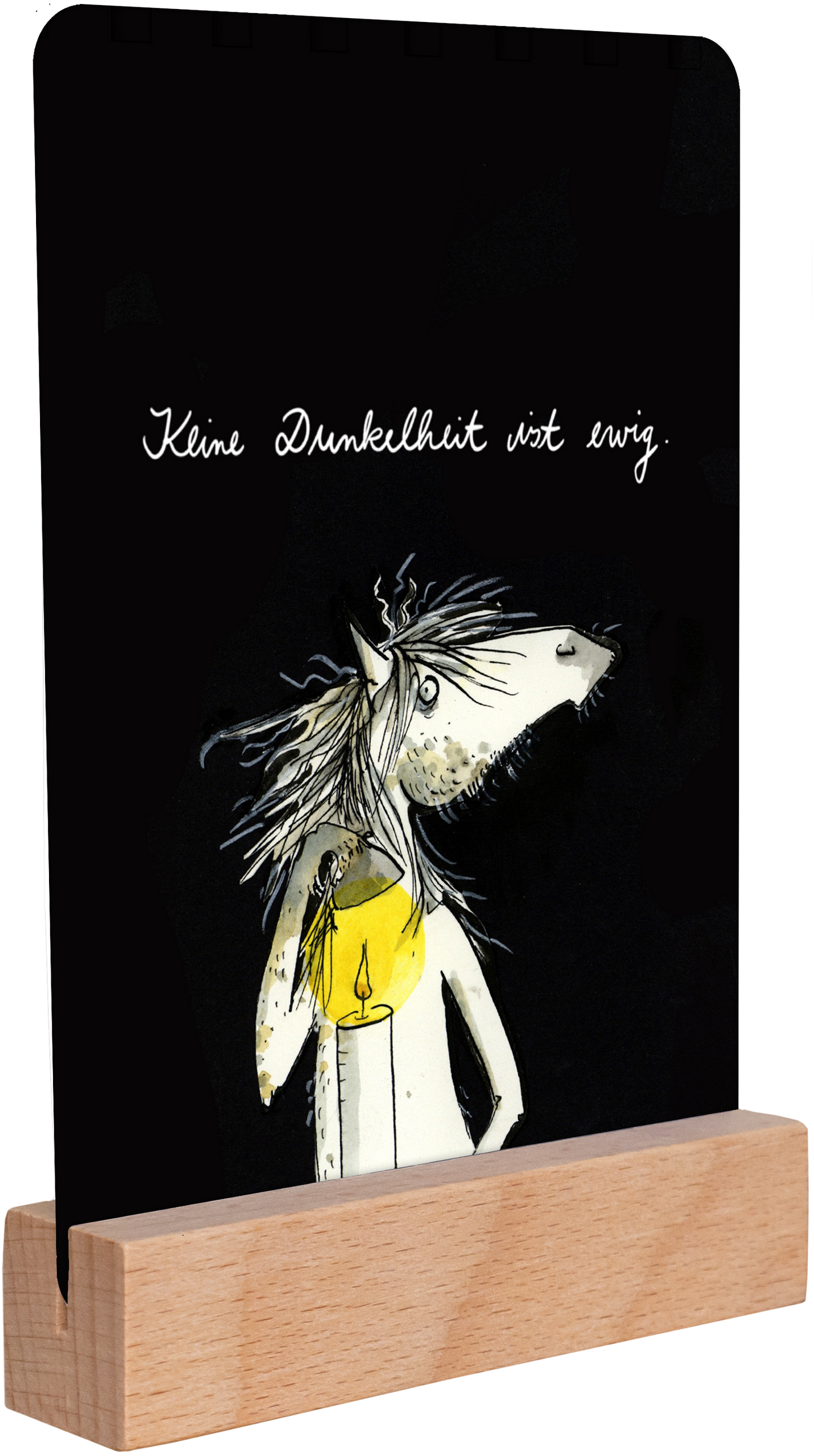 Gezeigt wird eine Innen- oder Zusatzansicht von „Jeden Tag ein Licht für dich“. Auf schwarzem Hintergrund wird eine fantasievolle Illustration eines Pferdes gezeigt, das eine gelbe Laterne hält. Über dem Pferd steht in geschwungener, weißer Schrift der Text „Kleine Dunkelheit ist ewig“. Die Farbkontraste zwischen Schwarz, Weiß und Gelb geben dem Bild eine lebendige und einladende Ausstrahlung.