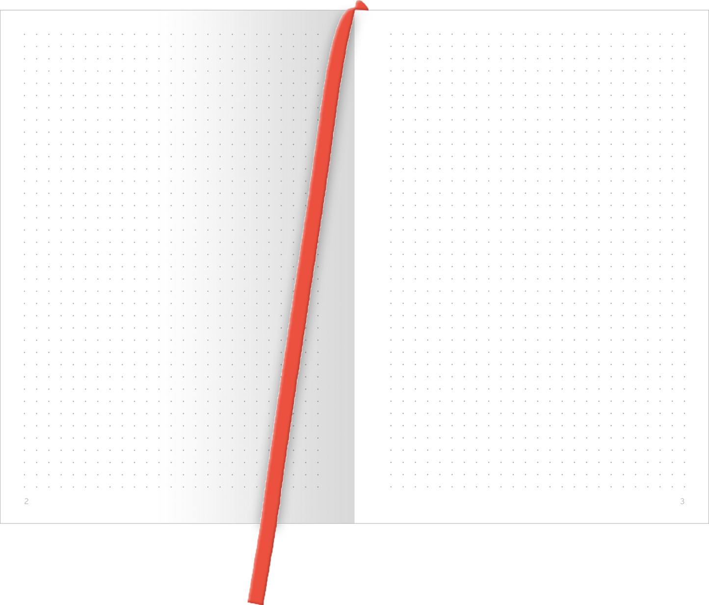 Gezeigt wird eine Innen- oder Zusatzansicht von „myNOTES Papeterie: Notizbuch A5 WDEWLIDH“. Die Ansicht zeigt zwei offene Seiten mit einer hellen, weißen Hintergrundfarbe. Die Seiten sind mit einem feinen, grauen Punktmuster versehen, das eine strukturierte Schreibfläche bietet. Ein leuchtend rotes Lesezeichen ragt im Bild hervor und sorgt für einen farblichen Akzent. Die Gestaltung ist schlicht und modern, ideal für Notizen und kreative Entfaltung.
