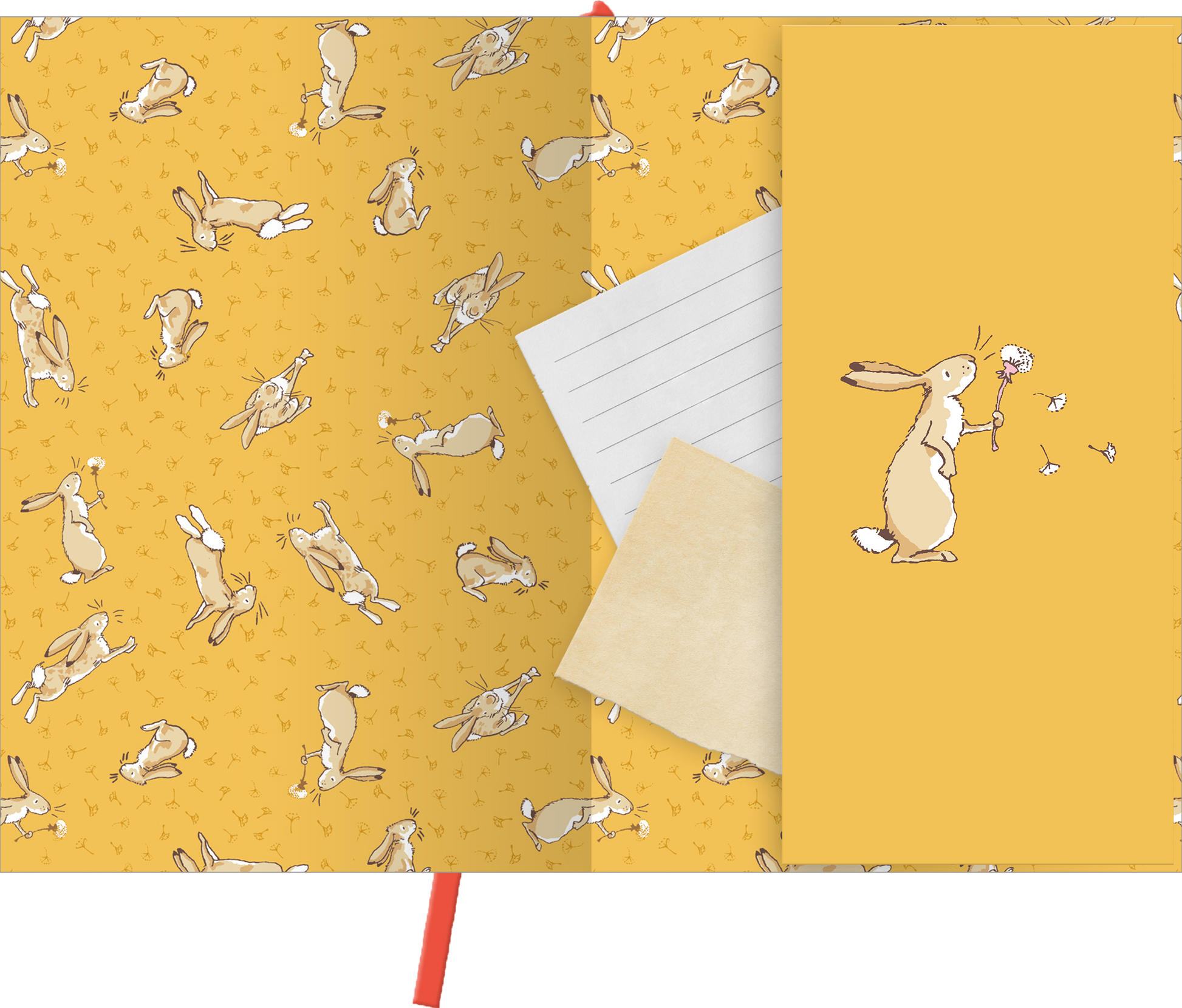 Gezeigt wird eine Innen- oder Zusatzansicht von „myNOTES Papeterie: Notizbuch A5 WDEWLIDH“. Die Seite ist in einem warmen Gelbton gestaltet und zeigt wiederkehrende, niedliche Hasen-Motive in verschiedenen Positionen. Ein in Weiß gehaltenes liniertes Blatt ist teilweise sichtbar, daneben liegt ein beige-farbenes Blatt. Rechts ist ein Hase abgebildet, der eine Blume in der Hand hält, umgeben von kleinen Schmetterlingen. Der Stil ist verspielt und ansprechend, mit einer freundlichen...