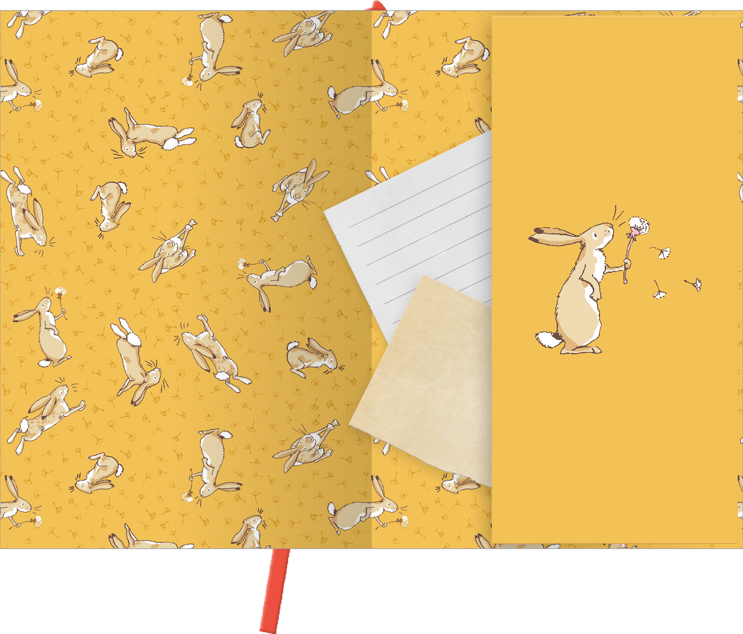 Gezeigt wird eine Innen- oder Zusatzansicht von „myNOTES Papeterie: Notizbuch A5 WDEWLIDH“. Die Seite ist in einem warmen Gelbton gestaltet und zeigt wiederkehrende, niedliche Hasen-Motive in verschiedenen Positionen. Ein in Weiß gehaltenes liniertes Blatt ist teilweise sichtbar, daneben liegt ein beige-farbenes Blatt. Rechts ist ein Hase abgebildet, der eine Blume in der Hand hält, umgeben von kleinen Schmetterlingen. Der Stil ist verspielt und ansprechend, mit einer freundlichen...