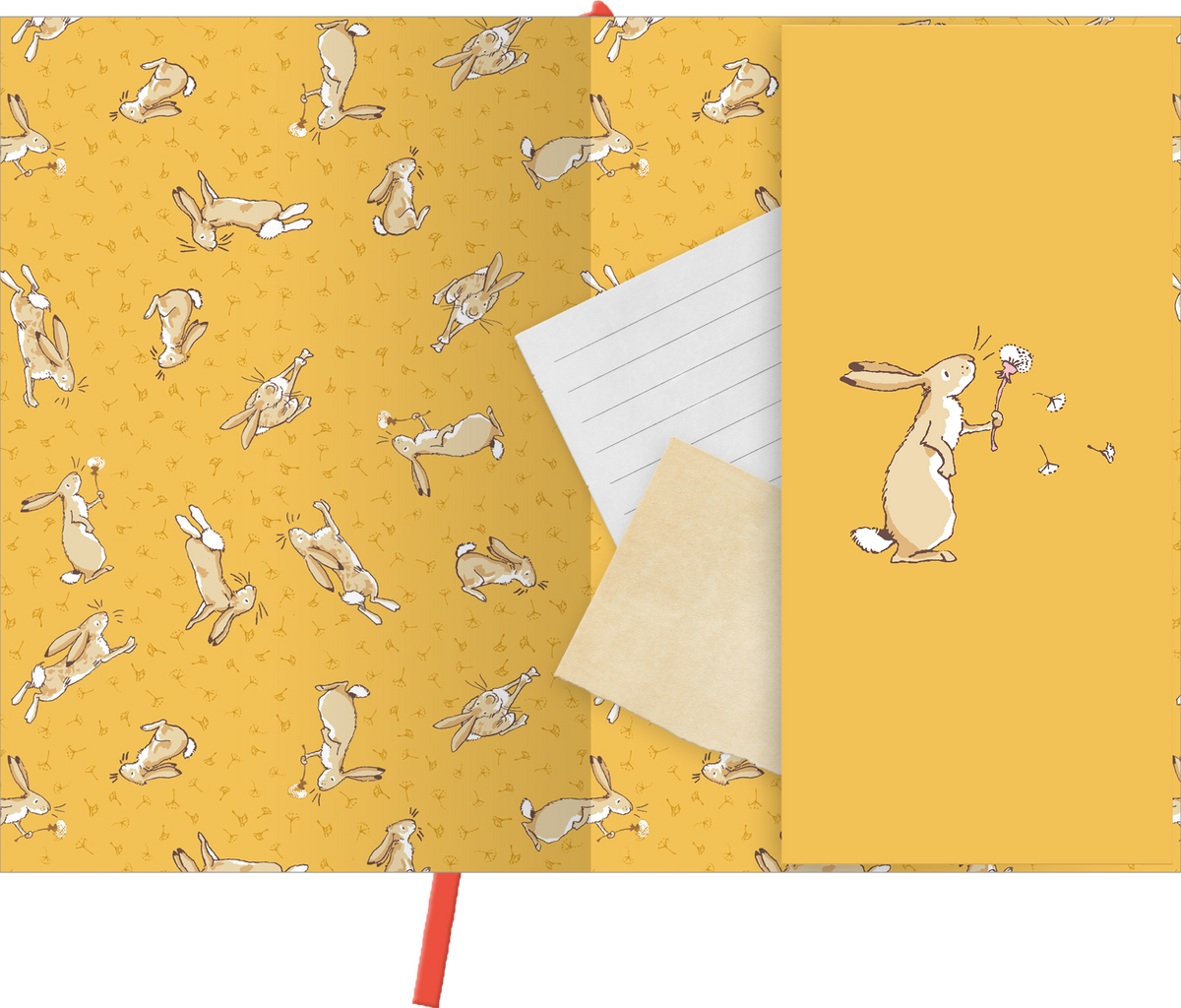 Gezeigt wird eine Innen- oder Zusatzansicht von „myNOTES Papeterie: Notizbuch A5 WDEWLIDH“. Die Seite ist in einem warmen Gelbton gestaltet und zeigt wiederkehrende, niedliche Hasen-Motive in verschiedenen Positionen. Ein in Weiß gehaltenes liniertes Blatt ist teilweise sichtbar, daneben liegt ein beige-farbenes Blatt. Rechts ist ein Hase abgebildet, der eine Blume in der Hand hält, umgeben von kleinen Schmetterlingen. Der Stil ist verspielt und ansprechend, mit einer freundlichen...