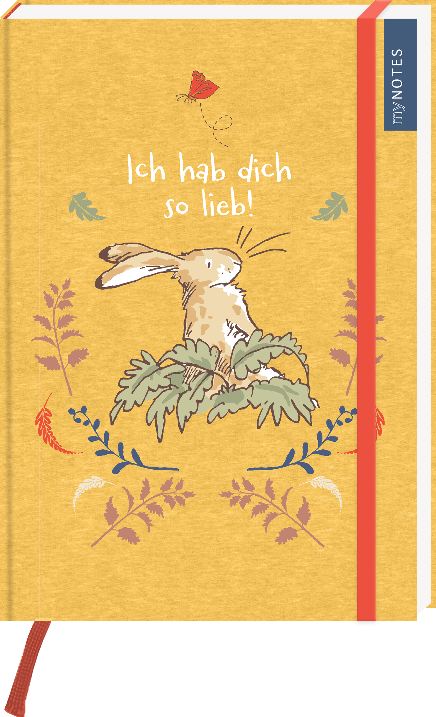 Das Buchcover zeigt einen niedlichen Hasen auf einem leuchtend gelben Hintergrund. Der Hase ist in sanften Braun- und Grautönen gehalten und umgeben von bunten, stilisierten Pflanzenmotiven in Rosa, Blau und Grün. Oben auf dem Cover steht in verspielter Schrift „Ich hab dich so lieb!“. Rechts ist ein blauer Streifen mit „my NOTES“ zu sehen. Ganz unten mittig steht der Logoschriftzug von arsEdition.